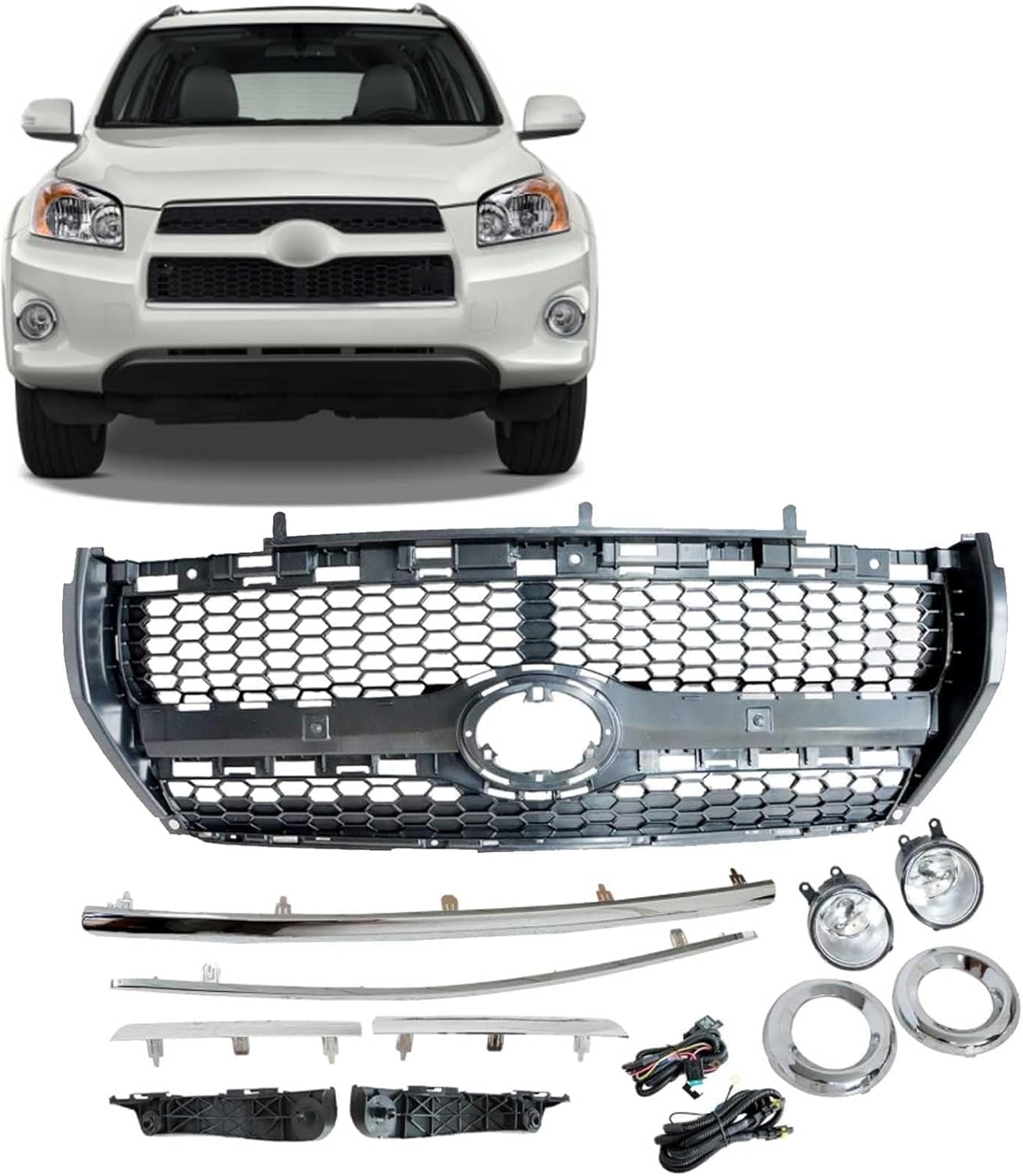 SecosAutoparts 10Pcs Front Grille W/Trim & Fog Lamp & Bracket Compatible with Toyota RAV4 Limited 2009 2010 2011 2012 Replace# 5312542040, 5312642030