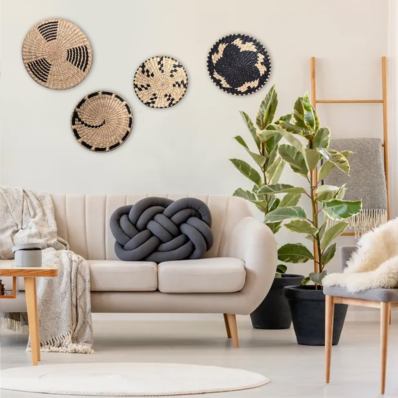 Ronde Rieten Mand Muur Decor, Set van 4 Hangende Geweven Muur Mand Decor Zwart, Boho Muur Mand Decor Kunst voor Boerderij Woonkamers Slaapkamers Display