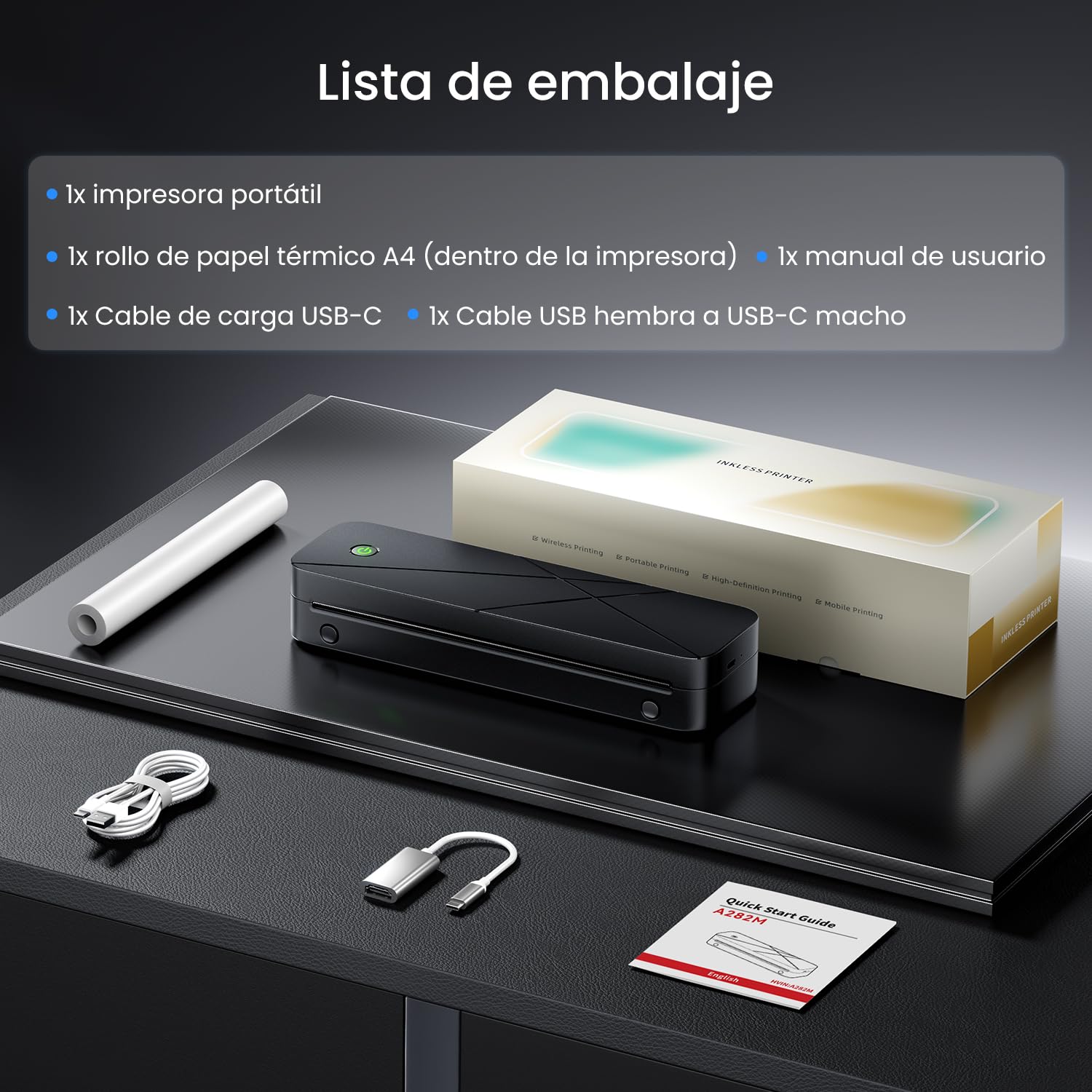 TATTMUSE Impresora Térmica A4 Portátil para Viajes, 300DPI, Negro | Bluetooth y USB-C, 5 formatos (53-216mm), 690g, sin tinta, app. Ideal para coche, oficina y viajes.