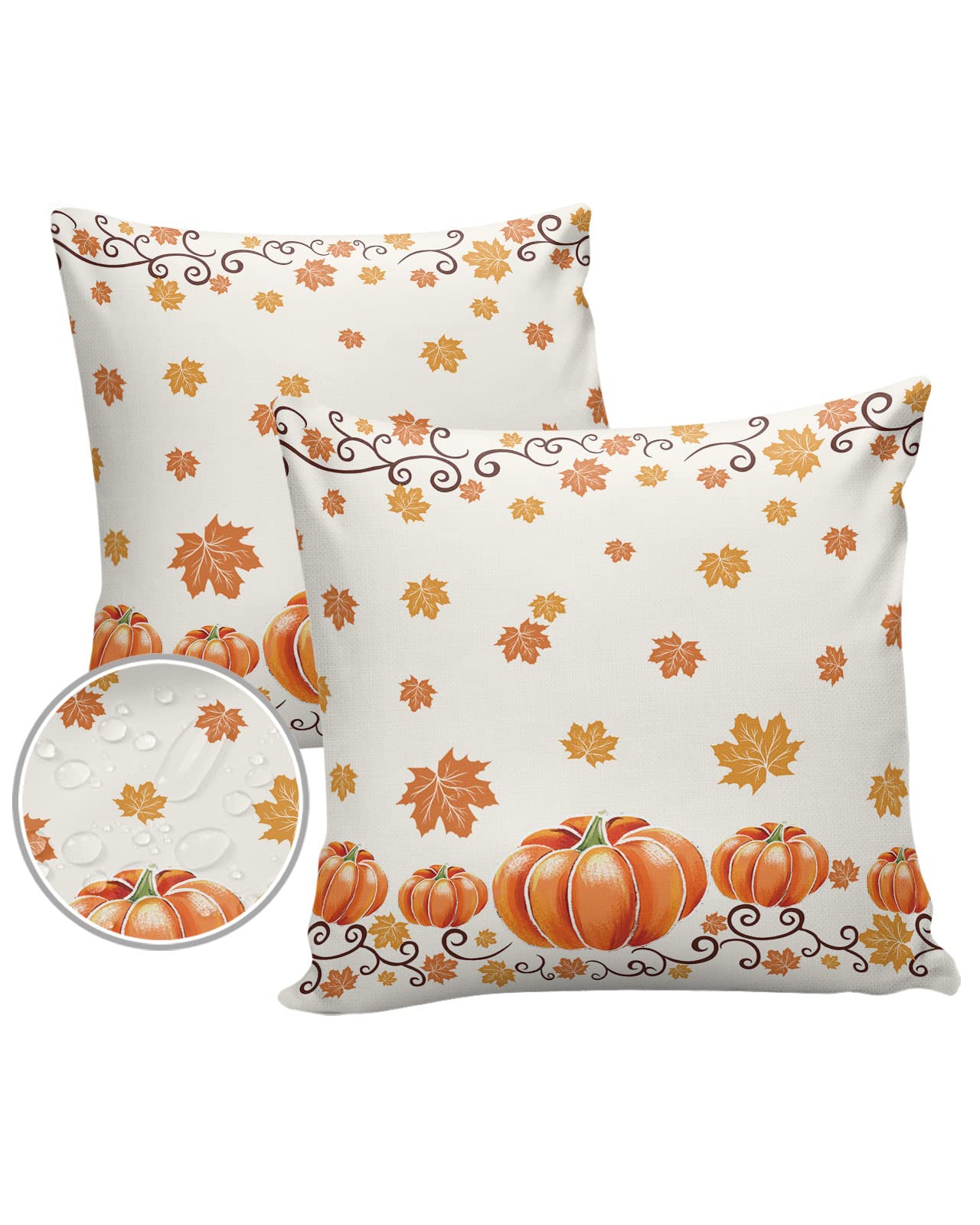 Zadaling Fall Throw Pillow Covers Pack of 2 Outdoor Waterproof Fall Harvest Pumpkin Maple Leaves Decorative Square Cushion Case Patio Pillows for Couch Tent Sunbrella Garden 20