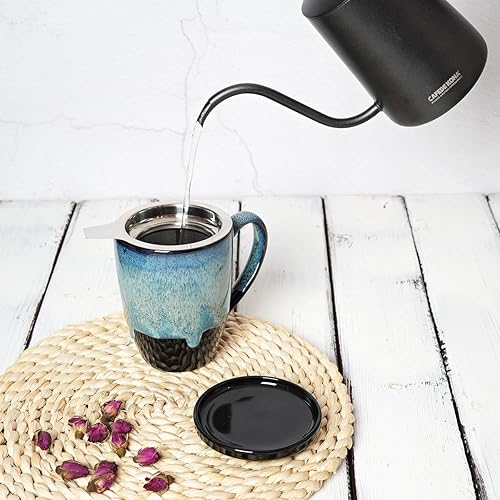 Miniatura 5 de Bosmarlin Taza de té de cerámica con infusor y tapa, 13.5 onzas, taza de té de hojas sueltas con colador, apta para microondas y lavavajillas,