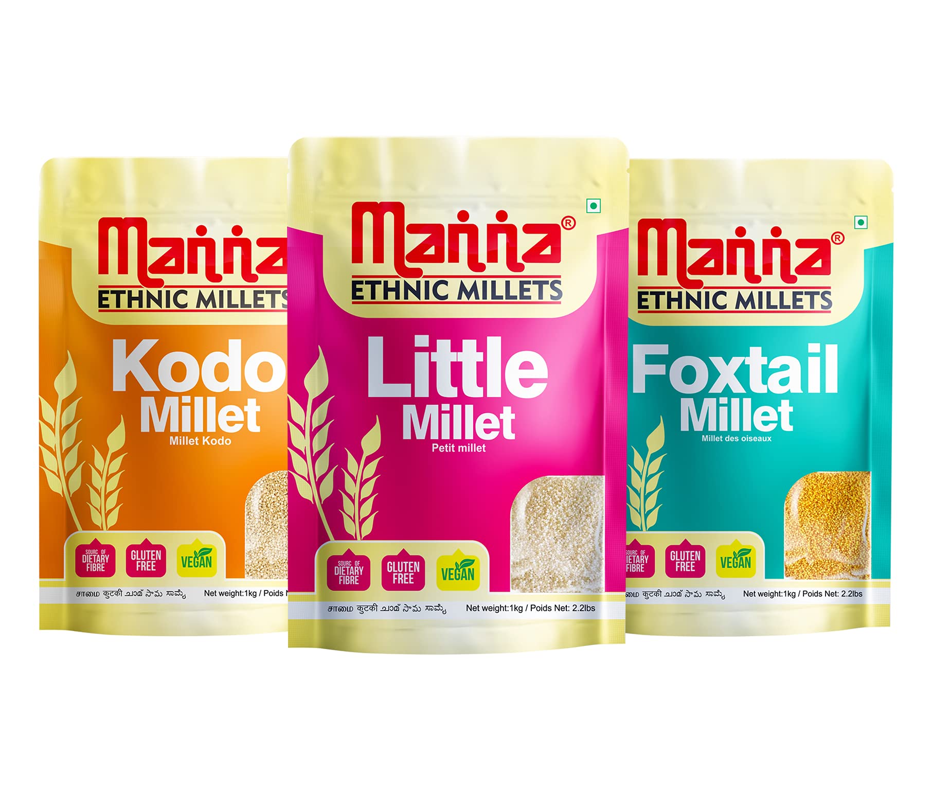 Millets 3kg - Natural Grains Combo Pack of 3 | Foxtail 1kg, Kodo 1kg, Little 1kg | Native Low GI Millet Rice | Nutrient Powerhouse, High Protein & More Fibre Than Rice