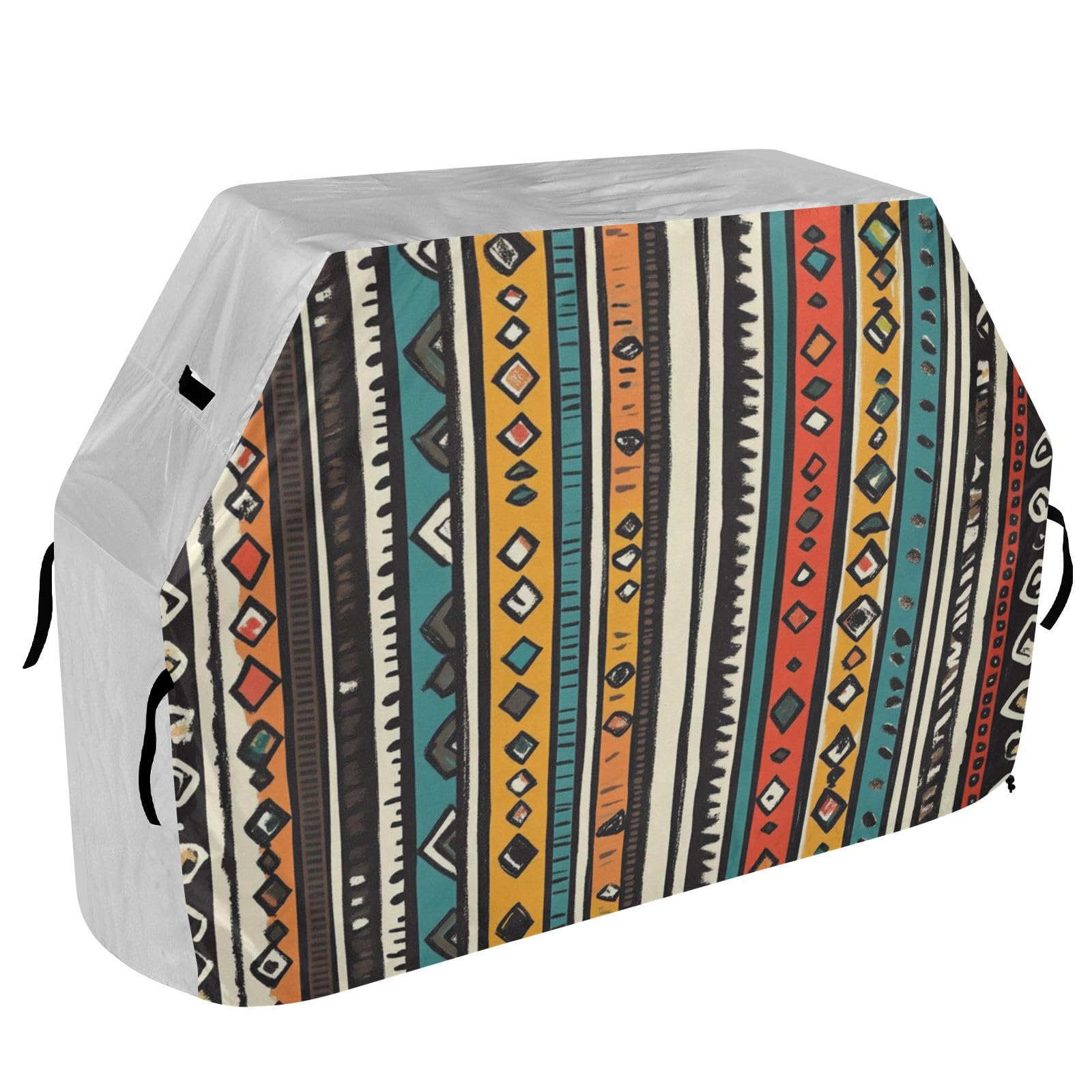 Pionowe paski boho retro pokrowiec na grilla 150 cm wodoodporny wytrzymały odporny na rozdarcie odporny na blaknięcie materiał pokrowiec na grilla z regulowanym sznurkiem na kurz i wiatr