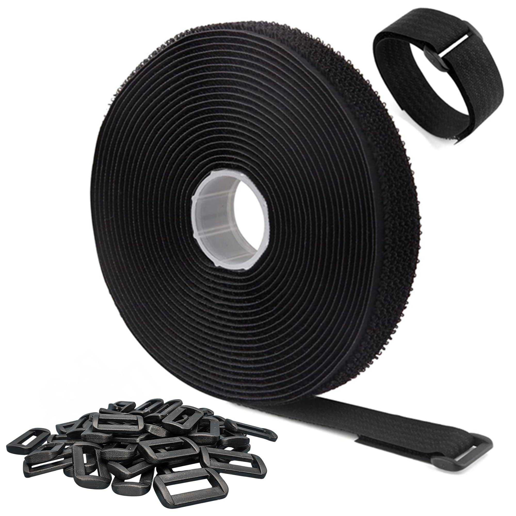 Double Dragon 10m x 2cm Reusable Hook & Loop Cable Straps with 50 Buckles, Adjustable