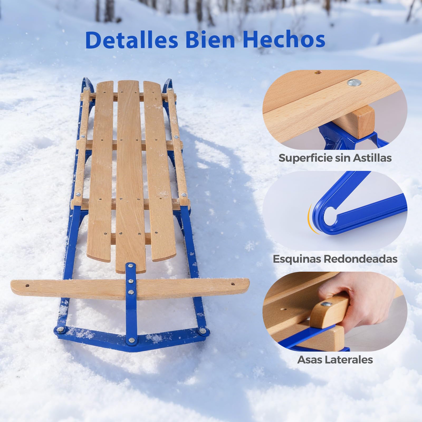 COSTWAY Trineo de Metal con Patines, Trineo de Acero y Madera con Barra de Dirección para Deslizarse en la Nieve, para Adultos y Niños Más de 5 años, Capacidad de 150 kg, 137 x 58 x 16 m