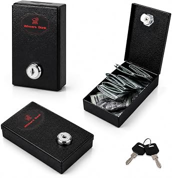 Metal Box for Gambler - Winners Bank Portable Safe Casino Money Pocket Sized Cash Box with Key Go Home Money