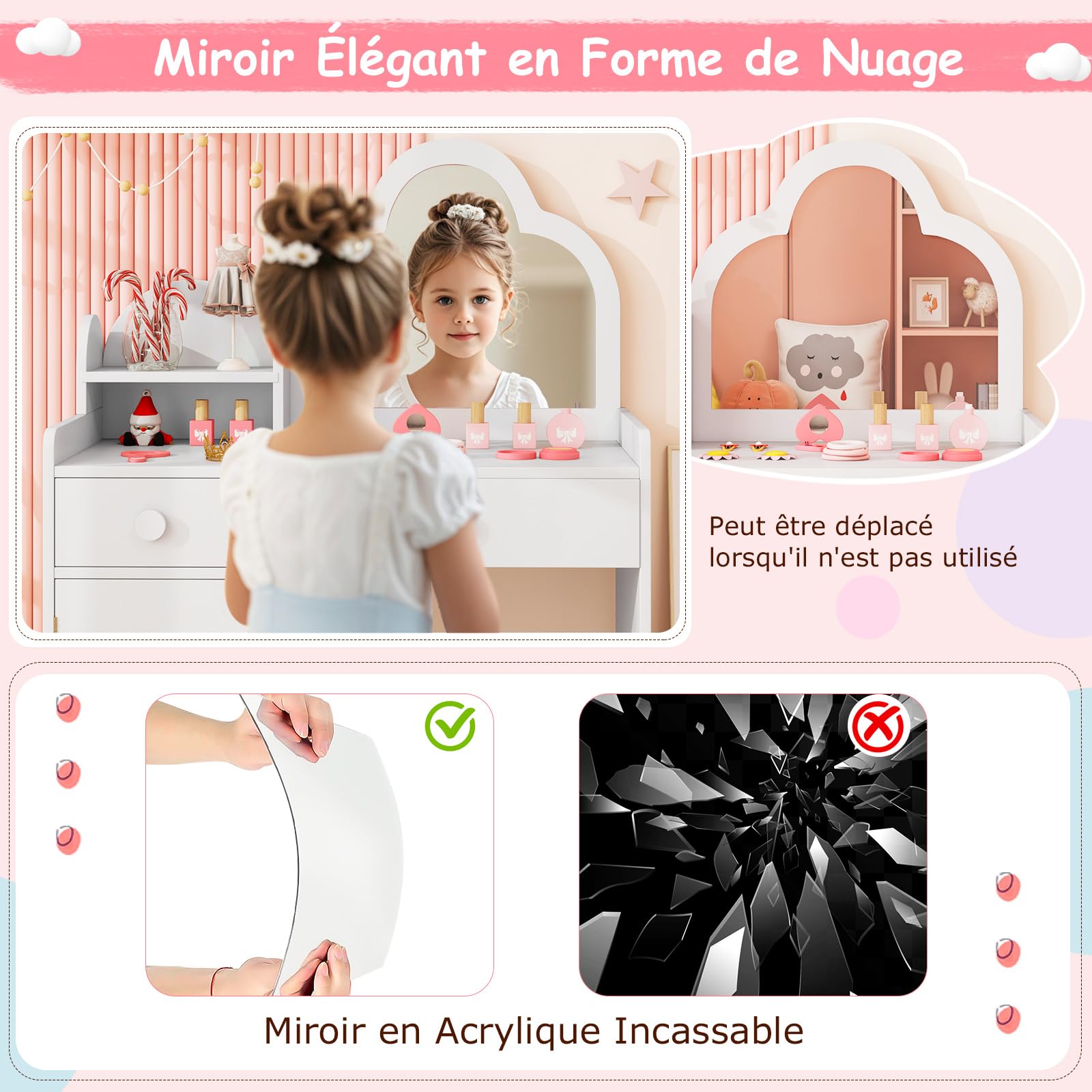 COSTWAY 2 en 1 Bureau Enfant Fille avec Chaise & Miroir en Forme Nuage, Coiffeuse Enfants Fille avec Étagère & Tiroirs & Armoire Fermée, Dispositif Anti-basculement, Charge 50kg pour 3-7 Ans