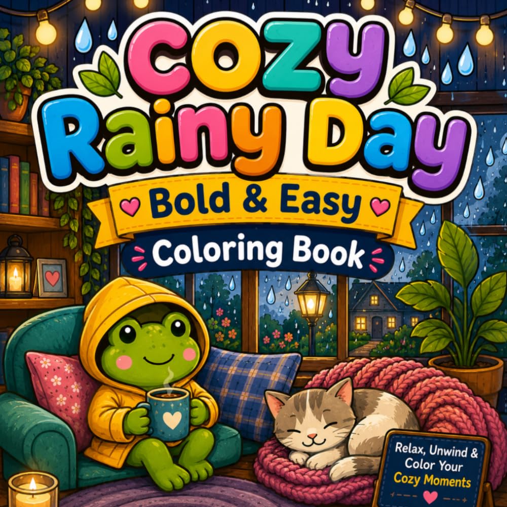 Cozy Rainy Day Coloring Book: Bold and Easy Coloring Book with Cute Animals, Cozy Rainy Scenes, Relaxing Moments, Simple Designs, Stress Relief, and Mindful Coloring Fun for Adults and Teens