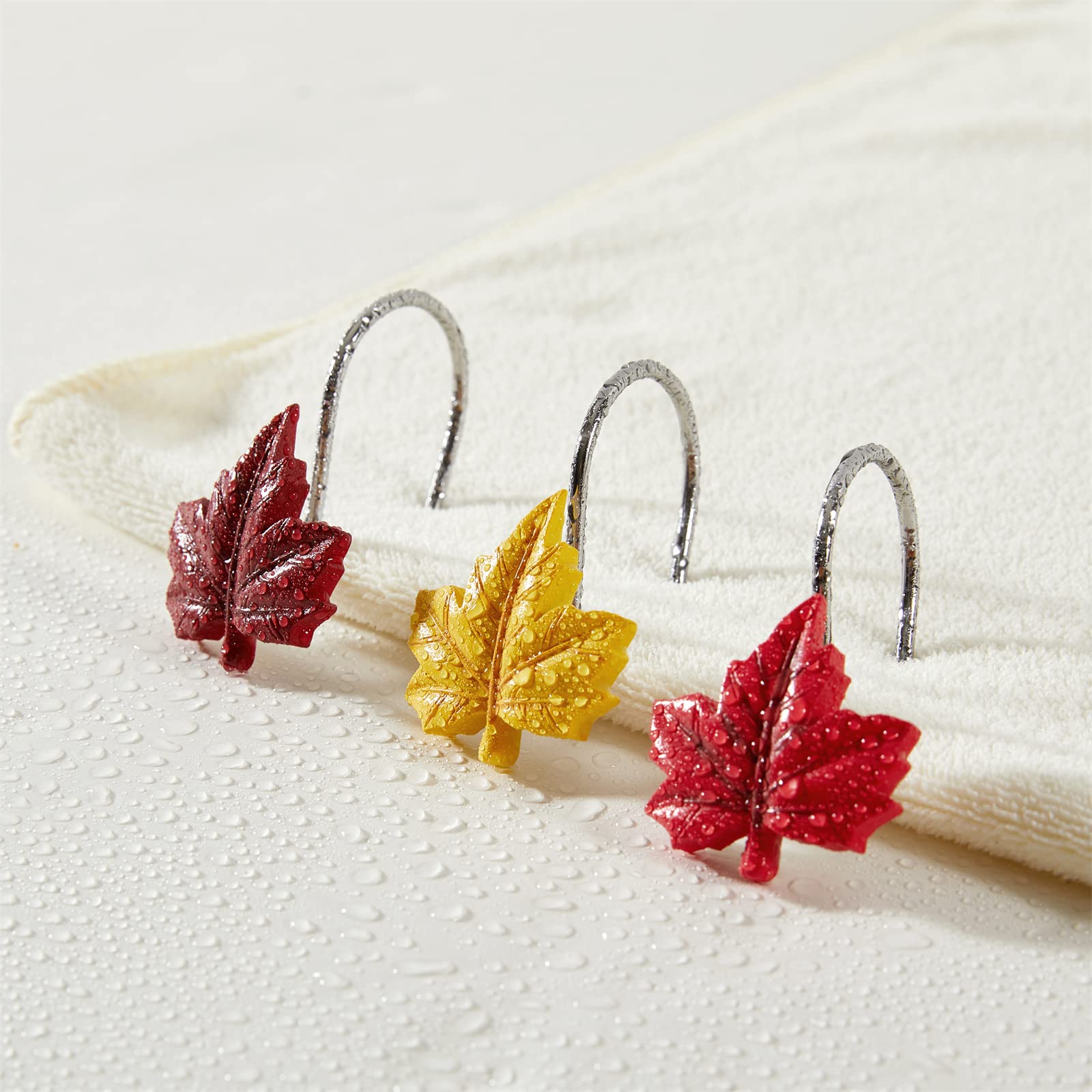 Aldopein 12PCS Maple Leaf Decorative Shower Curtain Hooks Rings for Fall Autumn Shower Curtains Bathroom Decorations Accessories, Metal Rustproof Thanksgiving Cute Fall Leaves Shower Curtain