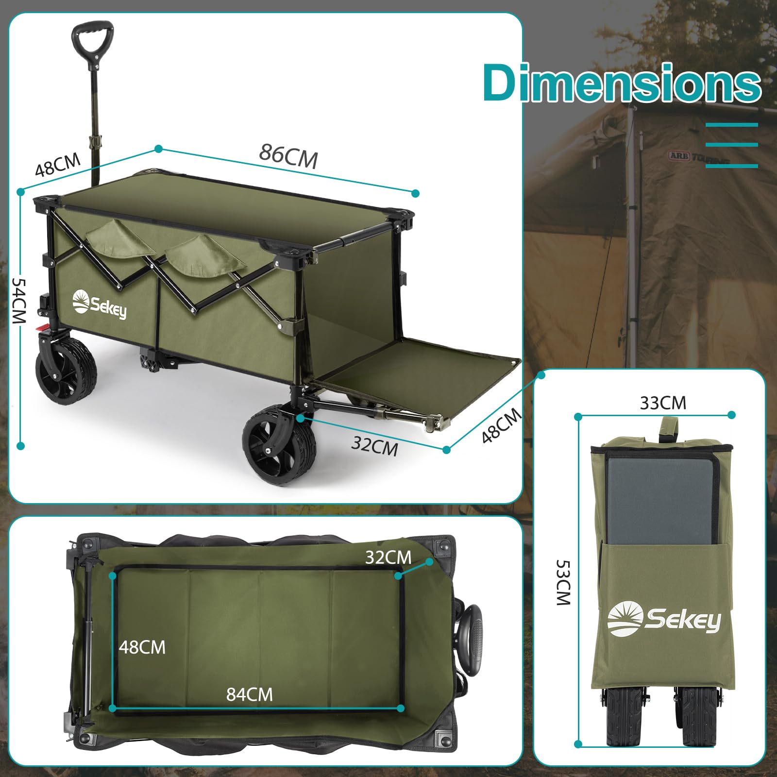 Sekey Chariot de Transport Pliable avec Hayon Arrière Extensible 135L & 200L, Chariot de Plage Pliable dans Quatre Directions jusqu'à 150KG SE4019, Vert Olive