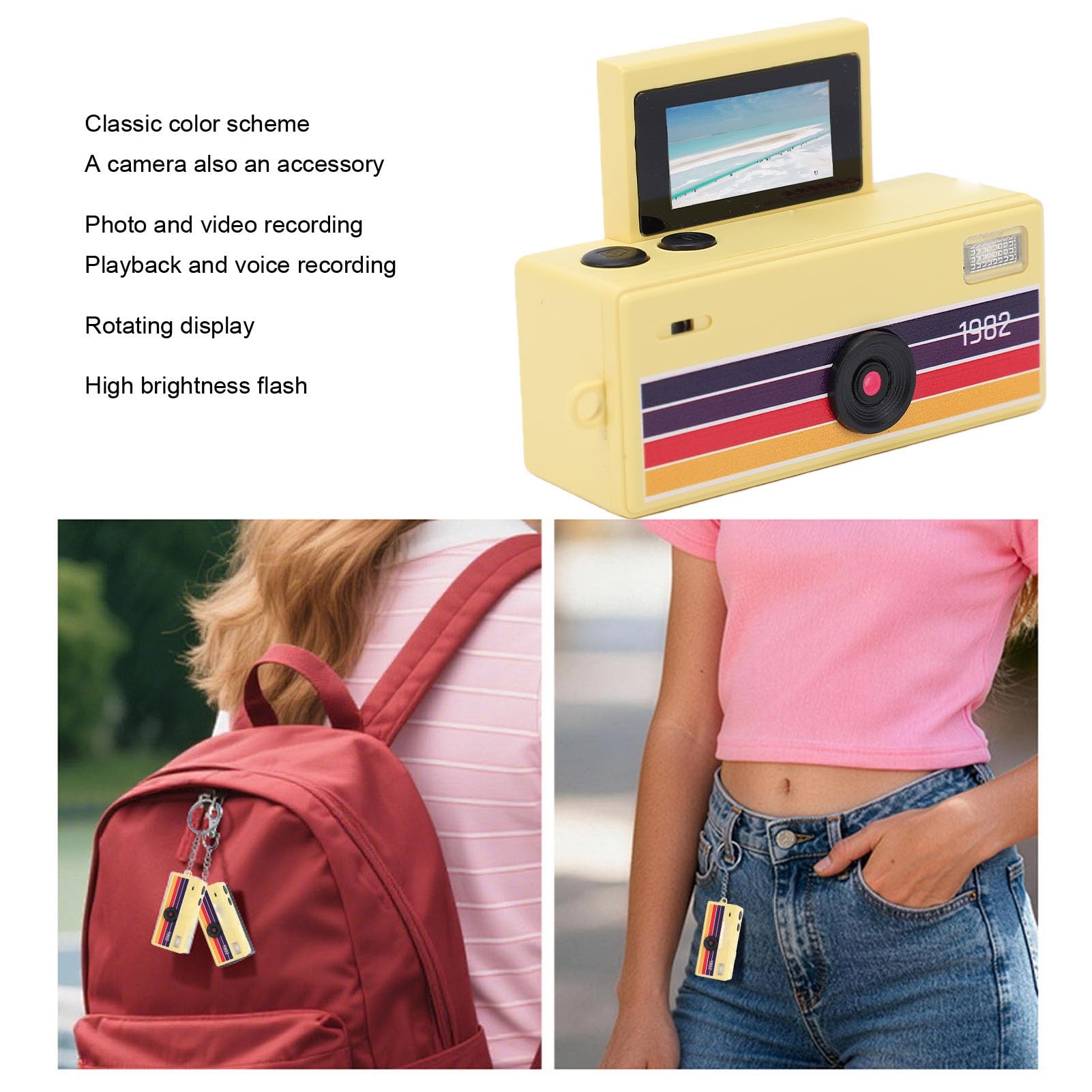 Mini Fotocamera Portachiavi, Videocamera Digitale Portachiavi con Messa a Fuoco Automatica HD 1080P, Fotocamera retrò Portatile con Schermo Ribaltabile e Obiettivo Granda