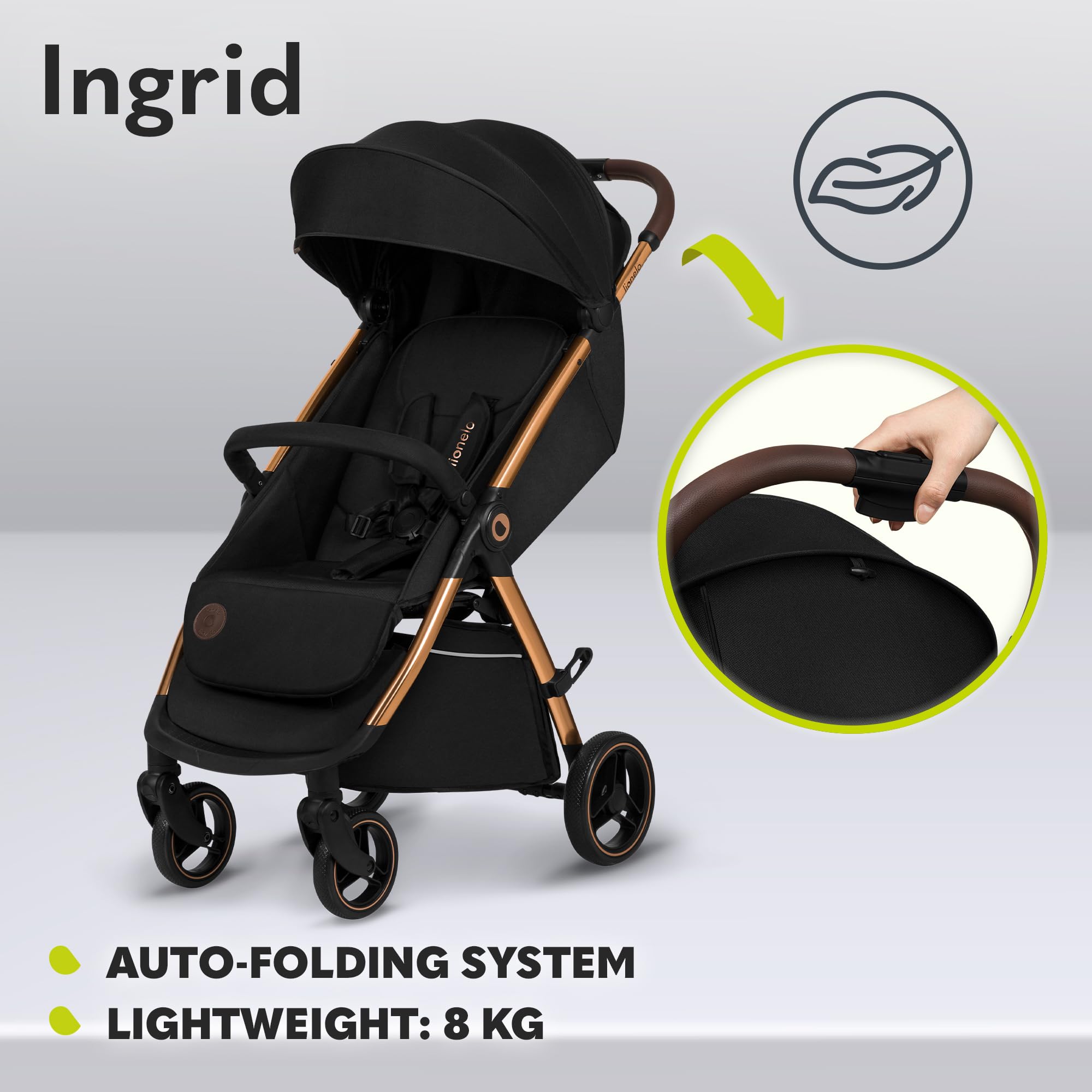 Lionelo Ingrid Poussette légère et compacte de 6 mois à 22 kg, poussette à pliage automatique avec siège inclinable, suspension complète, roues EVA pivotantes à 360°, auvent XXL, poussette de voyage