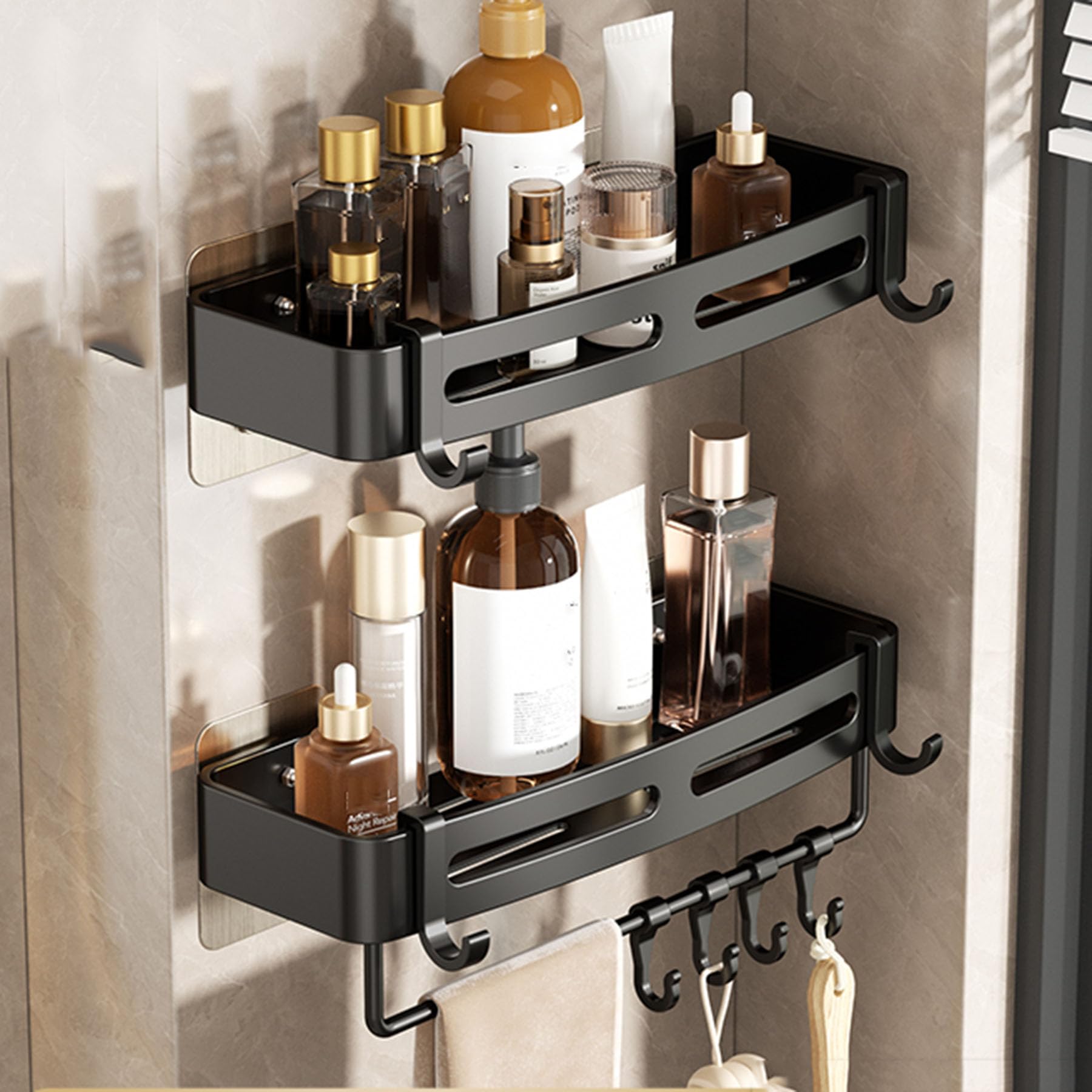 SRURLLUG Shower Caddy Bathroom Shelve Adhesive Shower Caddy Organizer Shelves Rack With Hooks No Drilling Rustproof Wall Mounted