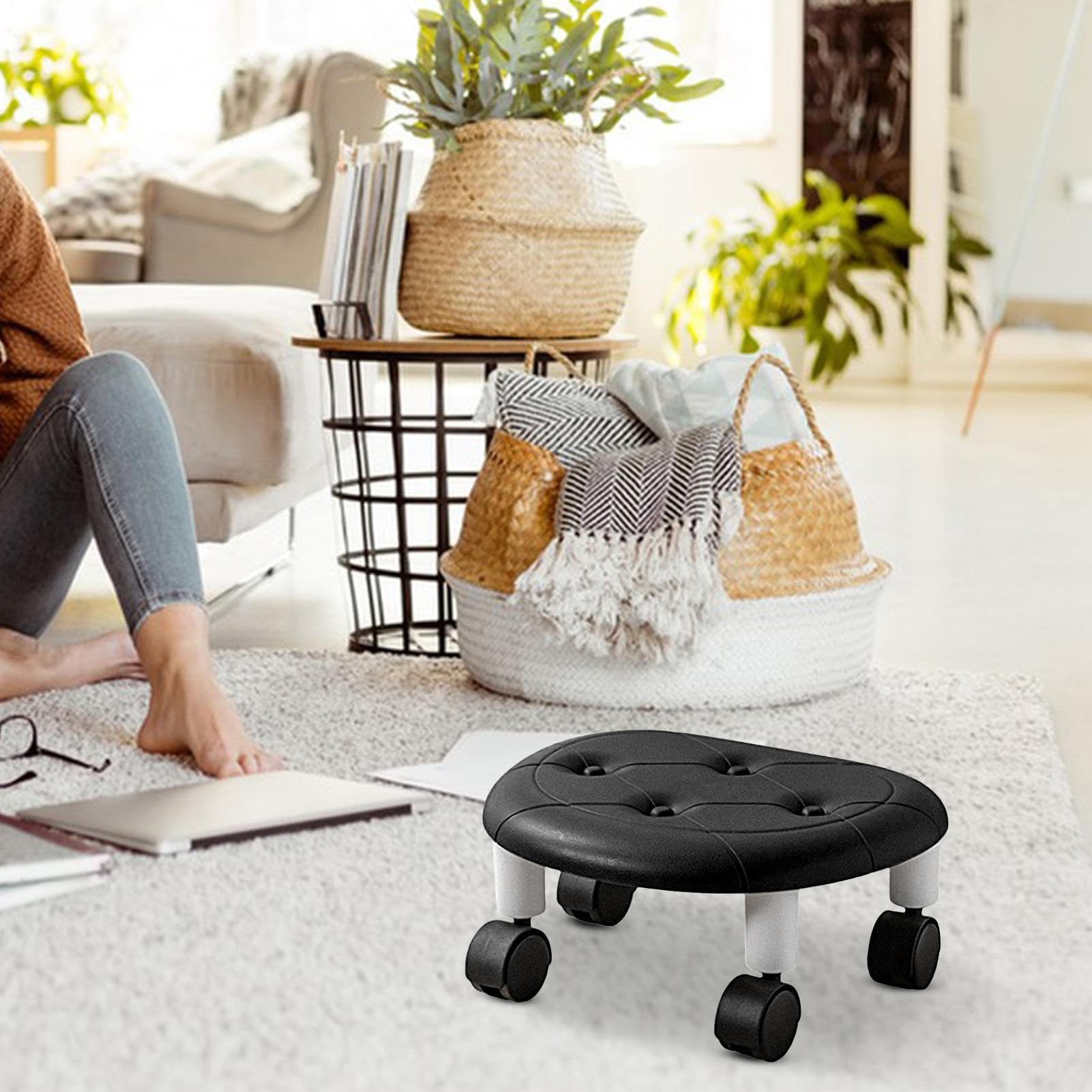 Taburete con ruedas bajo - Banco giratorio | 360 herramientas para ajuste de zapatos, estación de arte de uñas, cómodo diseño ergonómico con ruedas para sala de spa, soporte de asiento de tareas en