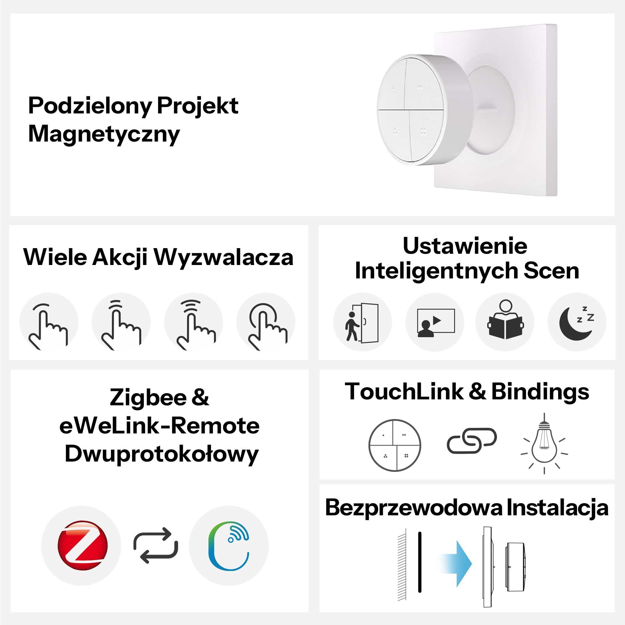 Botón Inteligente Sonoff SNZB-01M 4 en 1 Inalámbrico ZigBee Blanco | 16 acciones, Zigbee Binding & TouchLink Control de luz, compatible con Home Assistant, SmartThings, Hub requerido