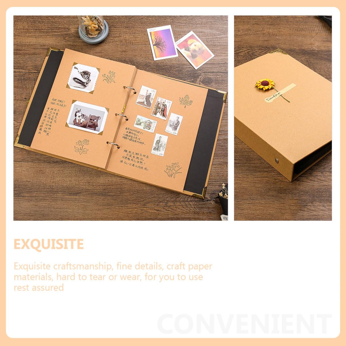 Healvian Álbum de Fotos DIY de Papel Kraft Diseño Retro, 50 Páginas Amarillas para Pegar, Álbum de Recortes Creativo y Delicado, Adecuado para Recuerdos Familiares y Viajes