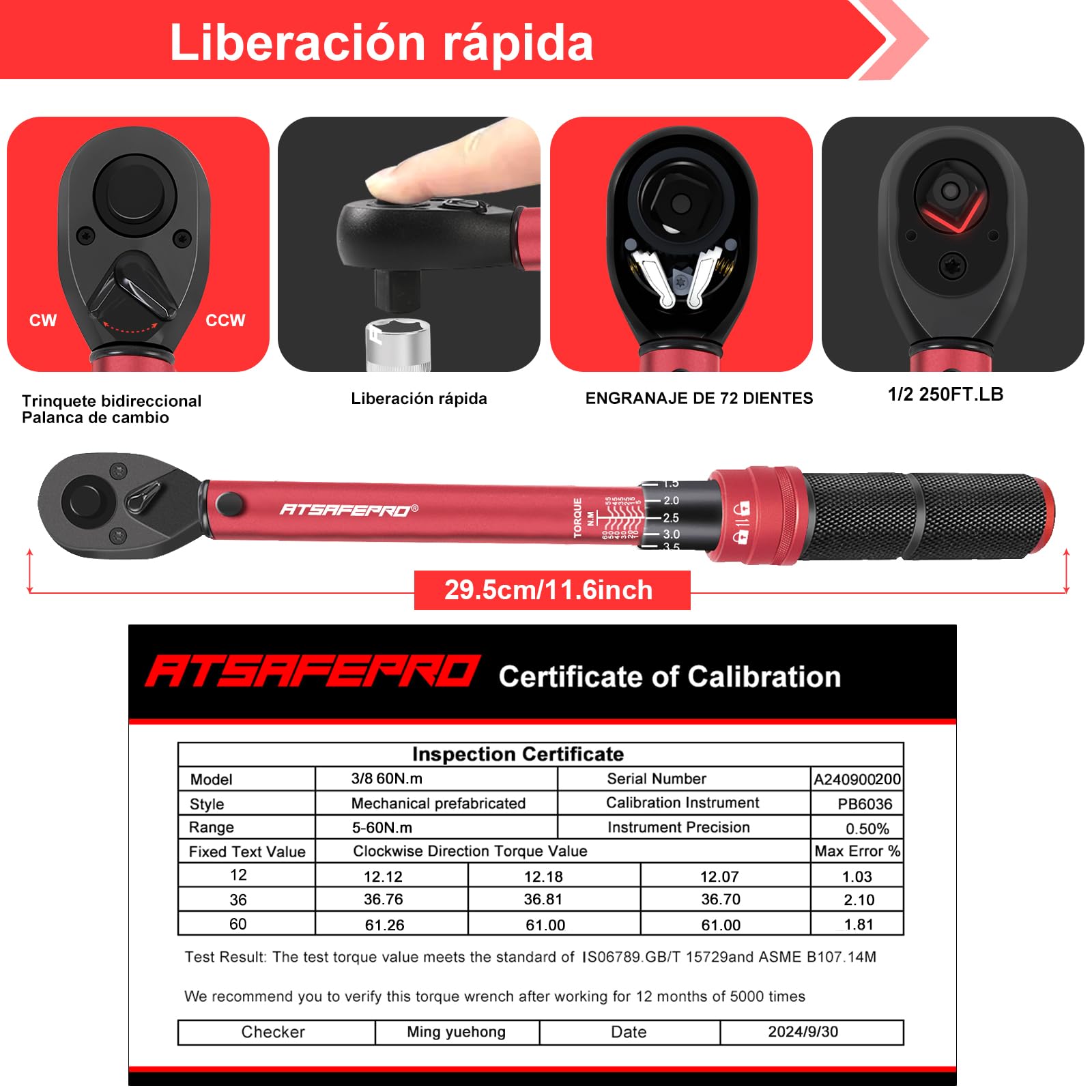 ATsafepro Llave Dinamométrica 3/8'', Llave Dinamométrica coche 5-60 Nm, Chave Dinamométrica para Bicicleta, Moto y Coche Mantenimiento del Vehículo,Precisión ±3% con 72 Dientes