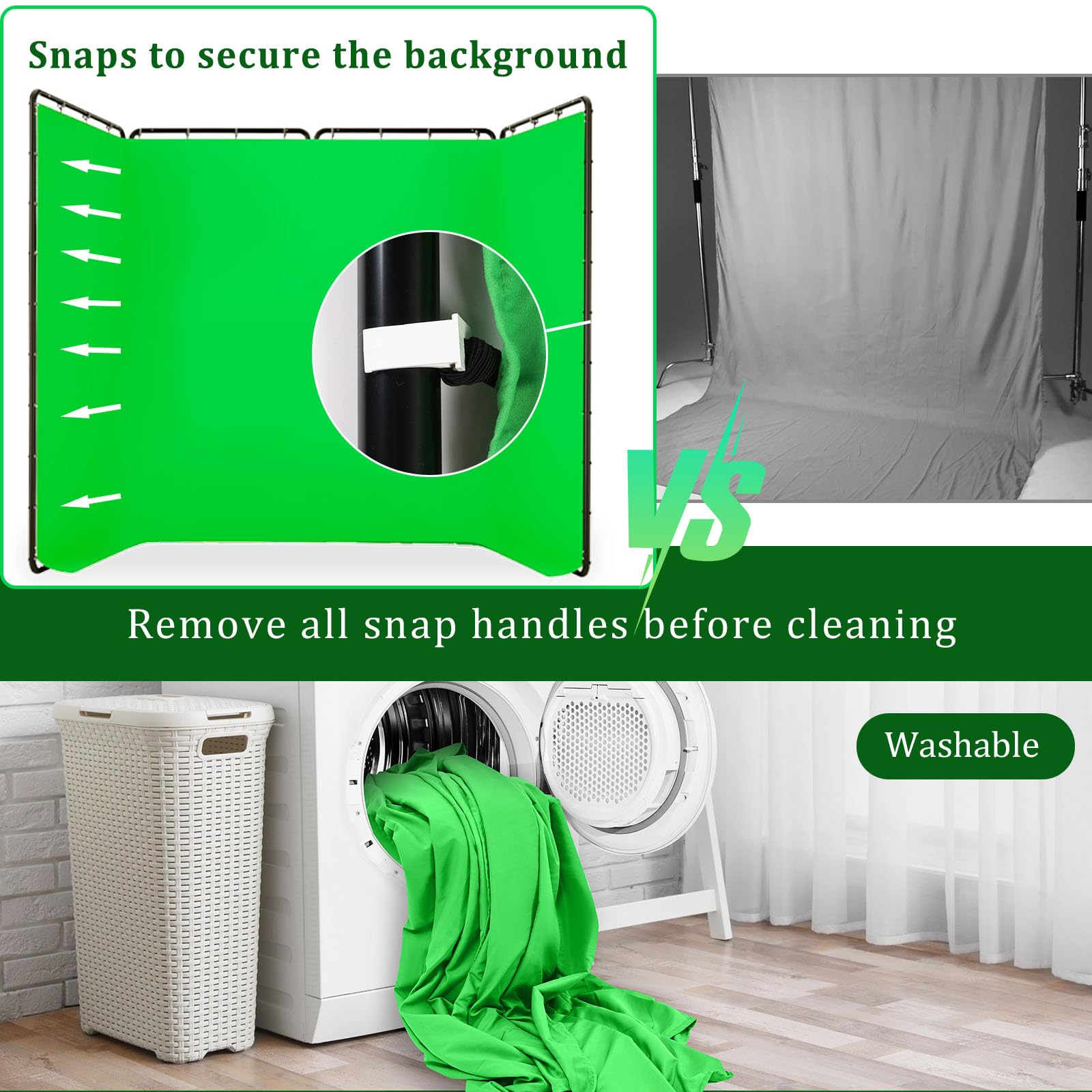 2,4 x 4 m sfondo verde schermo con supporto, grande sistema di sfondo pieghevole professionale per studio fotografico, riprese video, streaming live, giochi