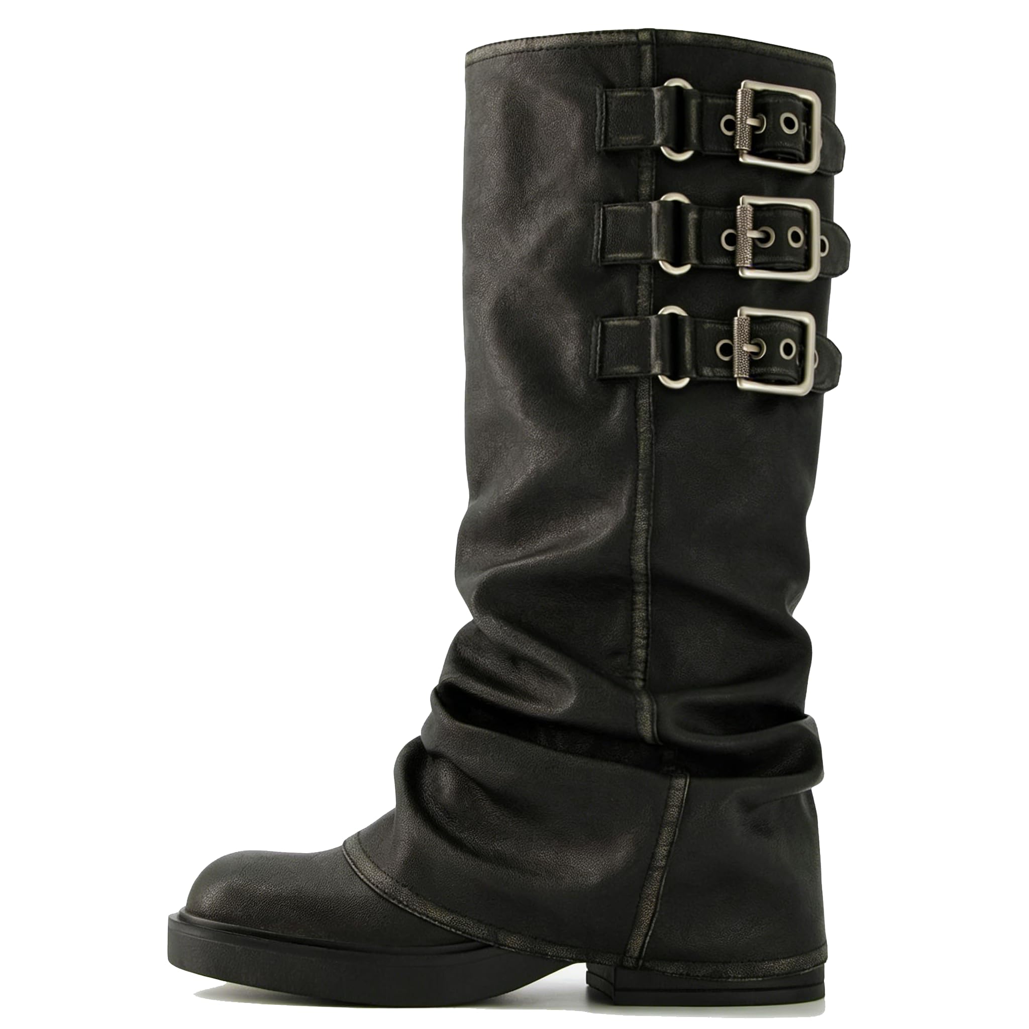 Photo 1 of ClassicSter Fold Over Knee High Slouch Boots for Women - Chunky Goth Platform, 2 inch Heel, Wide Calf, Long Boots with Square Toe (US 7)