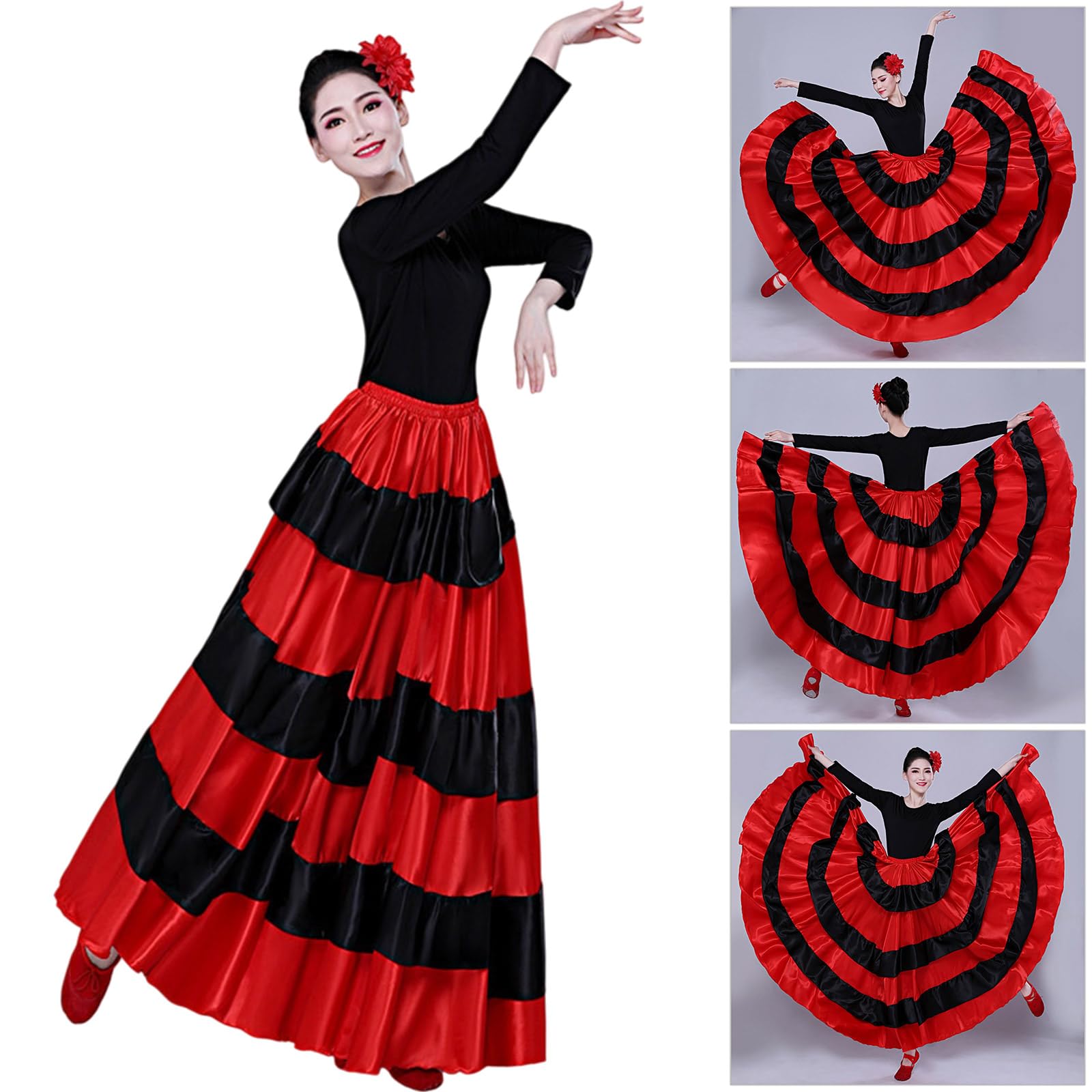Damska czarna czerwona warstwowa długa spódnica do hiszpańskiego flamenco Meksyk Balet Folklorico spódnica do tańca brzucha długa spódnica flamenco hiszpański taniec duża huśtawka kostium na Halloween