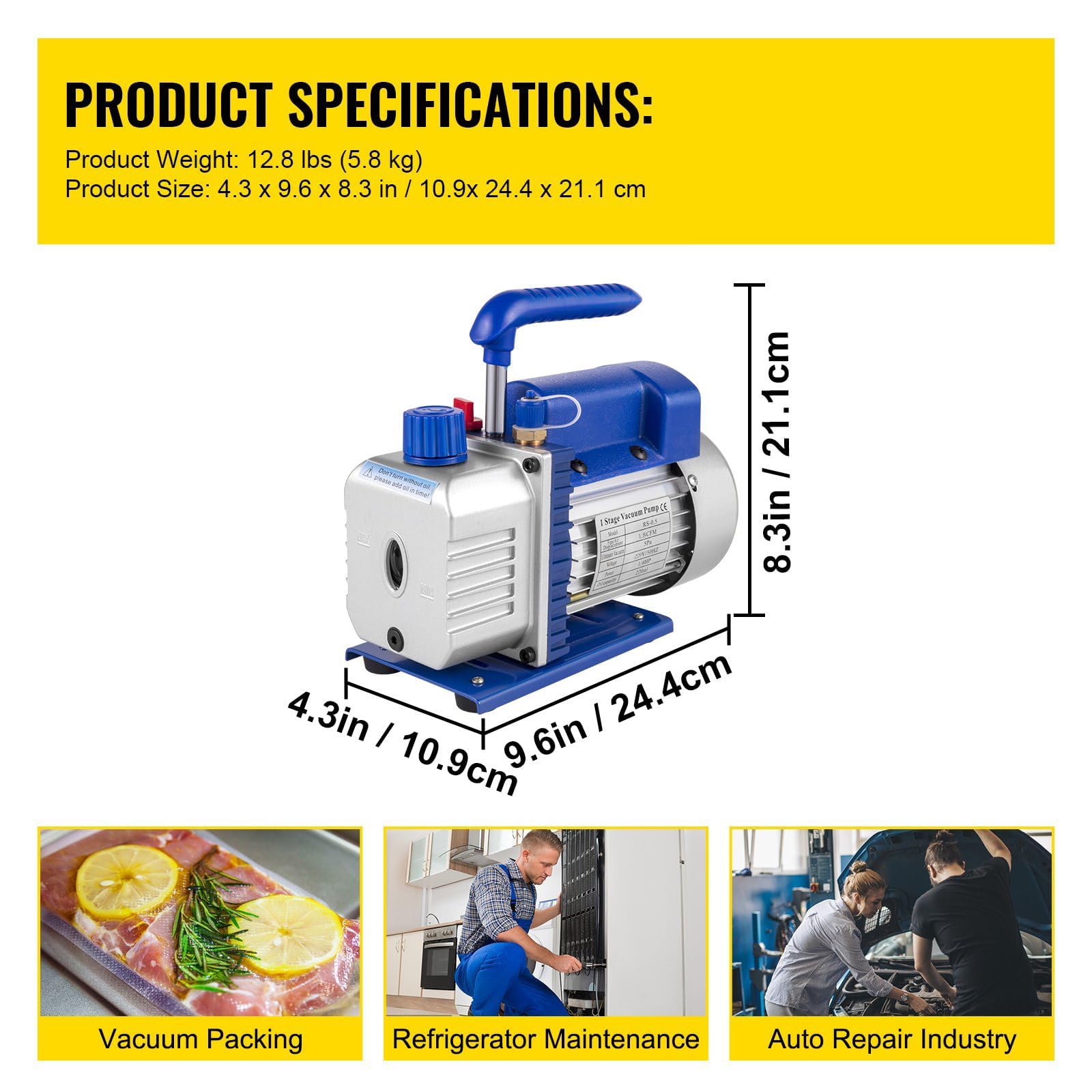 1.8 CFM Vakuumpumpe, 1/4 HP, einstufige Drehschieberpumpe, HVAC und Klimaanlagen-Kältemittel-Evakuierungsset mit Ölschauglas, Manometer-Set und 3 Schläuchen für die Kfz-Wartung