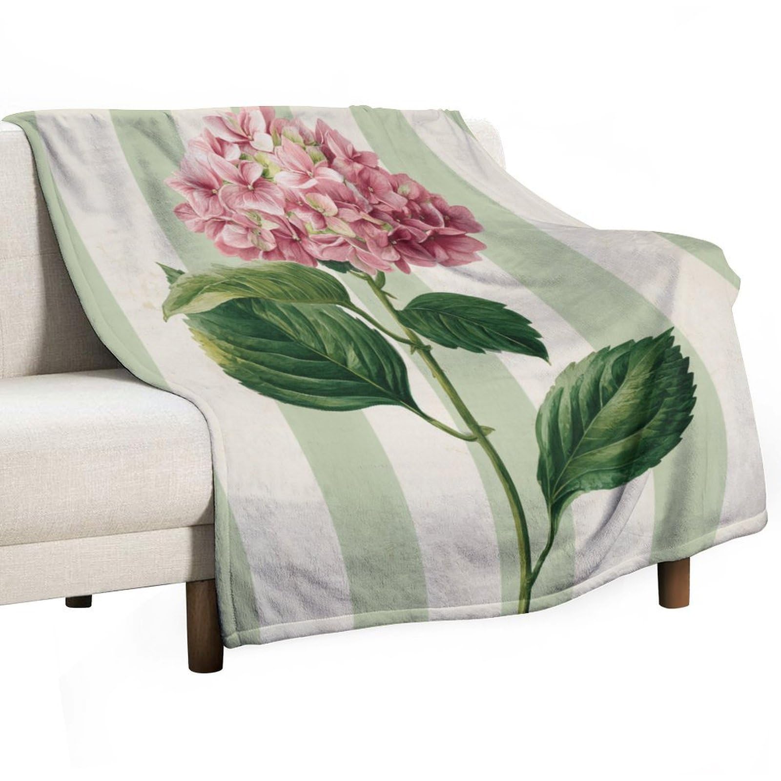 Jubonexis Pink Hydrangea on White Green Striped Anti Pilling Throw Blankets Cozy Durable Blanket for Bedroom Living Rooms Couch Sofa Bed 130x150cm(50x60in)