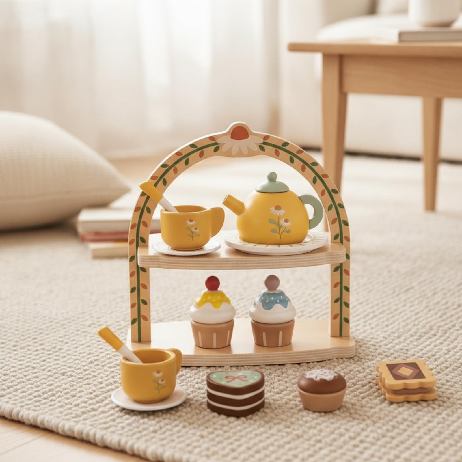 Juego Té Didáctico Juego Té con Soporte Divertido Vajilla Juguete con Postres Pequeños para Niños