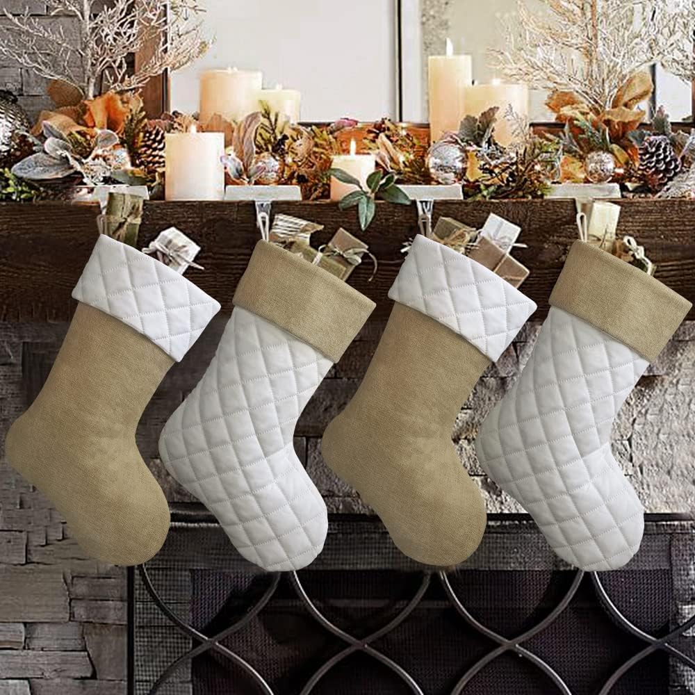 Ivenf Christmas Stockings, 4 Pcs 18 inches Burlap Cotton Quilted Thick Luxury Stockings, for Family Holiday Xmas Party Decorations