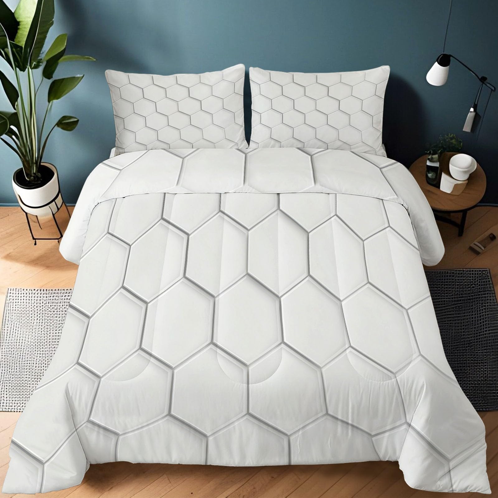 Dwustronna kołdra 200 x 200 cm biała na łóżko, ciepła lekka kołdra dla chłopców i dziewcząt, minimalistyczny geometryczny biały sześciokąt - Kołdra przeciw roztoczom zmywalna 4 pory roku