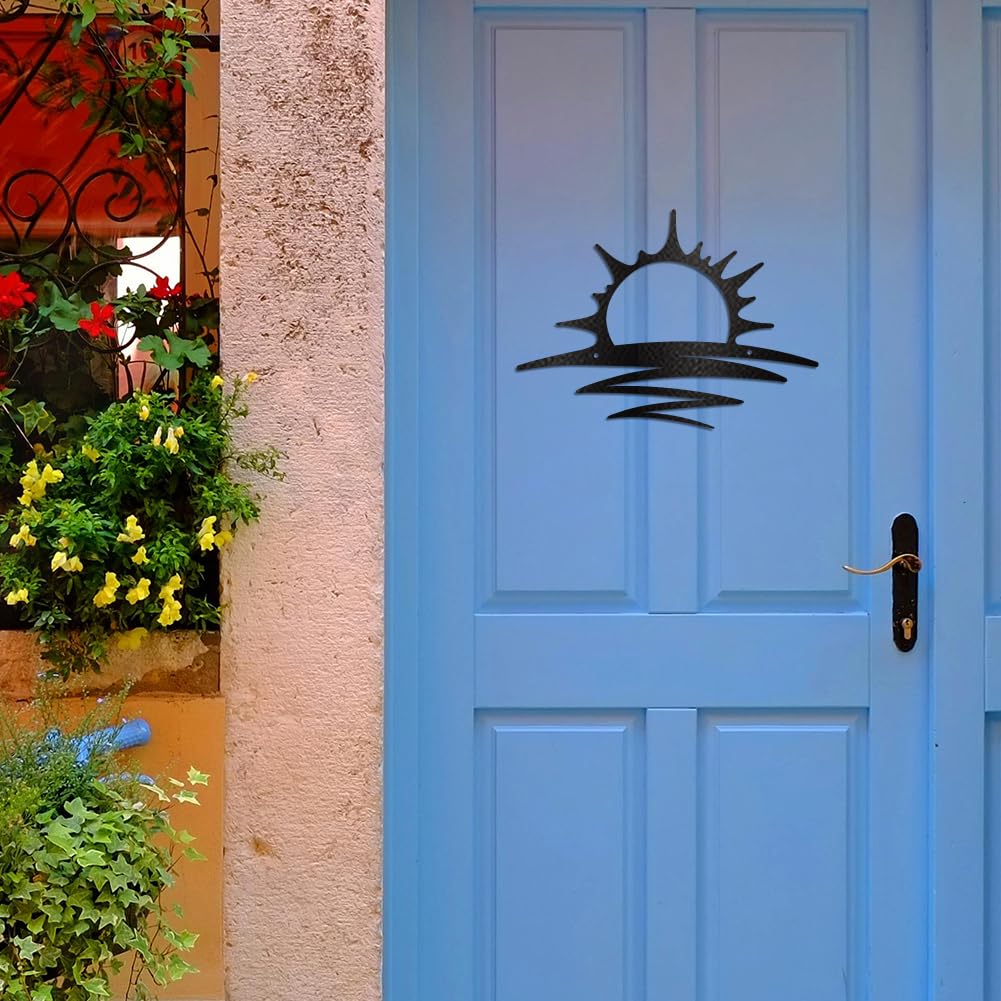 WADORN Coucher de Soleil Sur le Lac Décoration Murale en Métal, Sculpture Murale Suspendue en Fer Noir Décoration Artistique Intérieure et Extérieure pour Maison Cuisine Chambre Coucher Salon