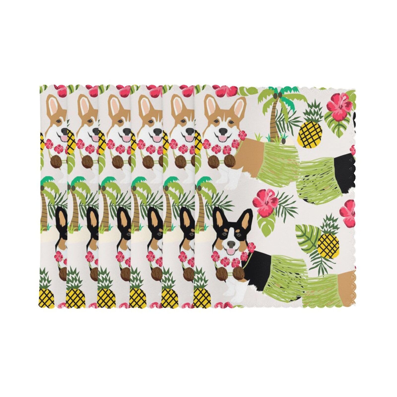 6 PCS Heat Resistant Placemat 45x30 CM, Corgi Hawaiian Tropical Summer Pineapple Printed Non-Slip Place Mats for Kitchen Dining Table Indoor Outdoor