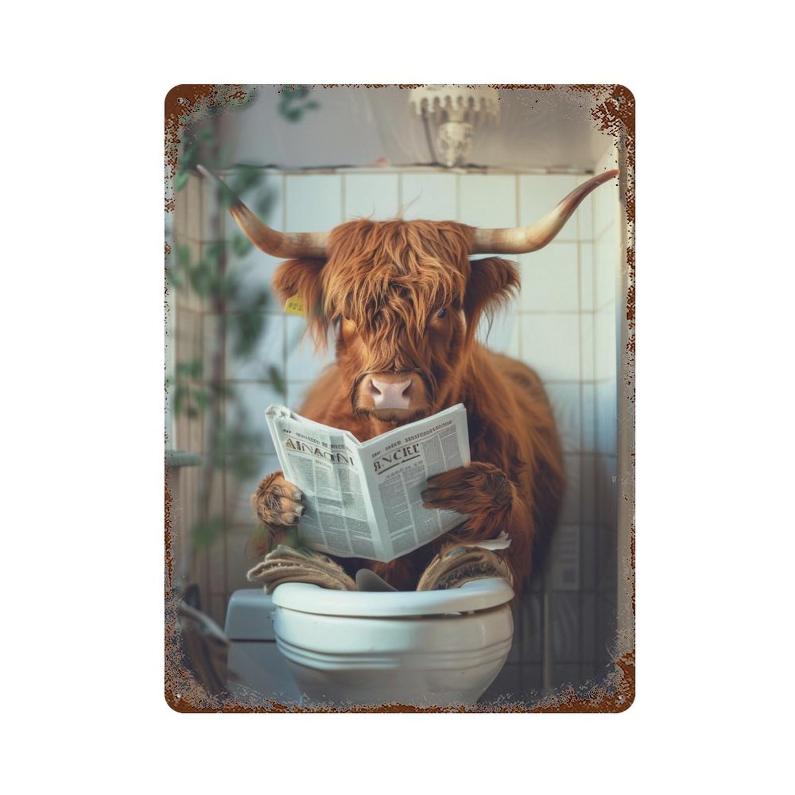Cow Reading Newspaper on Toilet-4 15.7"x11.8" Vintage Rust Metal Sign, Classic Wall Plaque for Pub, Kitchen And Man Cave Decor