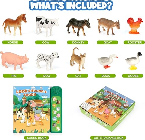 Miniatura 2 de Figuras de animales de granja, juguetes con 10 figuras de animales de plástico realistas y libro de sonido para niños, juguetes educativos de
