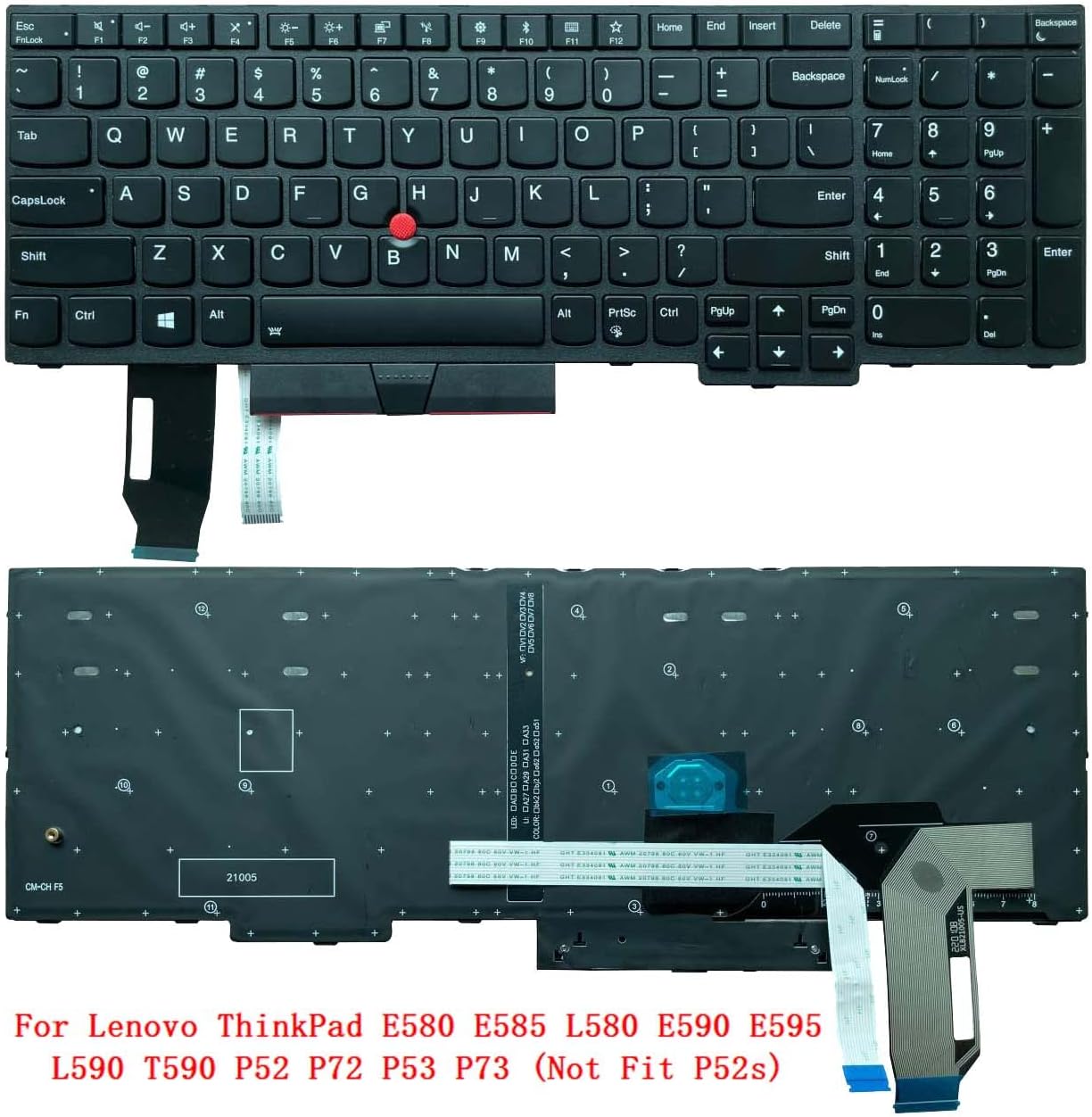 Laptop Keyboard US Layout for Lenovo ThinkPad E580 E585 L580 E590 E595 L590 T590 P52 P72 P53 P73 (Not Fit P52s) Black Framed with Backlight with Pointing Stick
