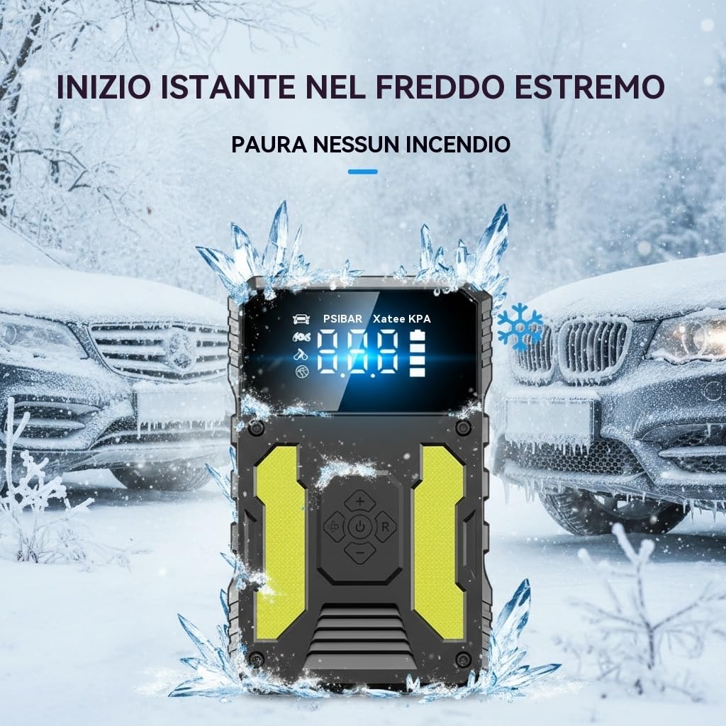 Avviatore portatile 3000A con compressore 150 PSI, 3 modalità LED, ricarica rapida, kit 4 in 1 e sicurezza avanzata, per auto, SUV, diesel fino a 8L, ideale per campeggio, viaggi ed estate