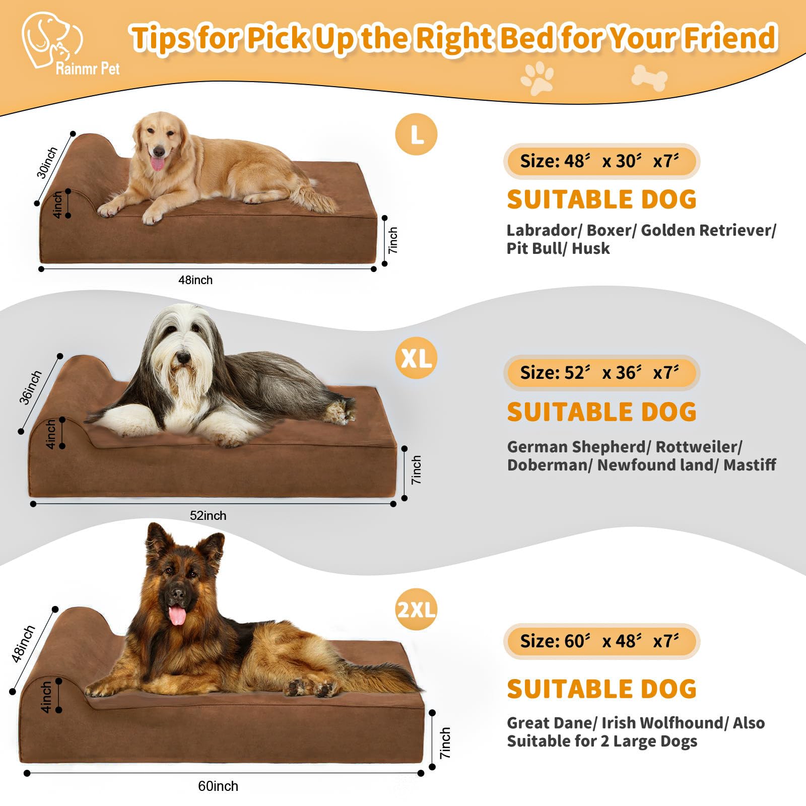 Rainmr Orthopedic Dog Beds for Large Dogs, 7" Memory Foam Dog Beds with Waterproof Liner, Durable Microsuede Cover, Removable and Washable, Nonskid Bottom, 48"x30"x7" L Chocolate - image 4