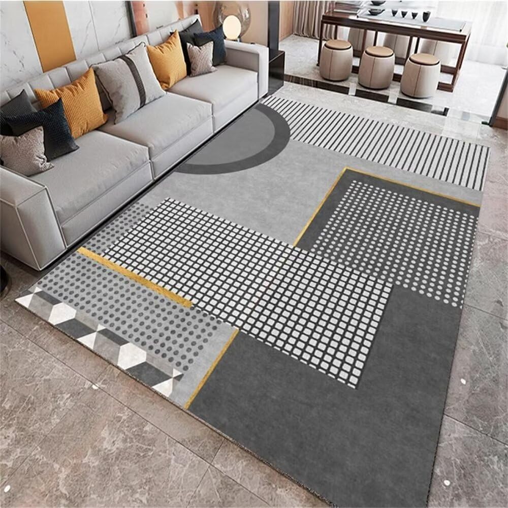Bettvorleger Schlafzimmer rutschfest Mädchen Teppich Grauer gelber geometrisches Design Wohnzimmerteppich Schlafzimmerteppich Jugendzimmer Komplett Set 120X160CM