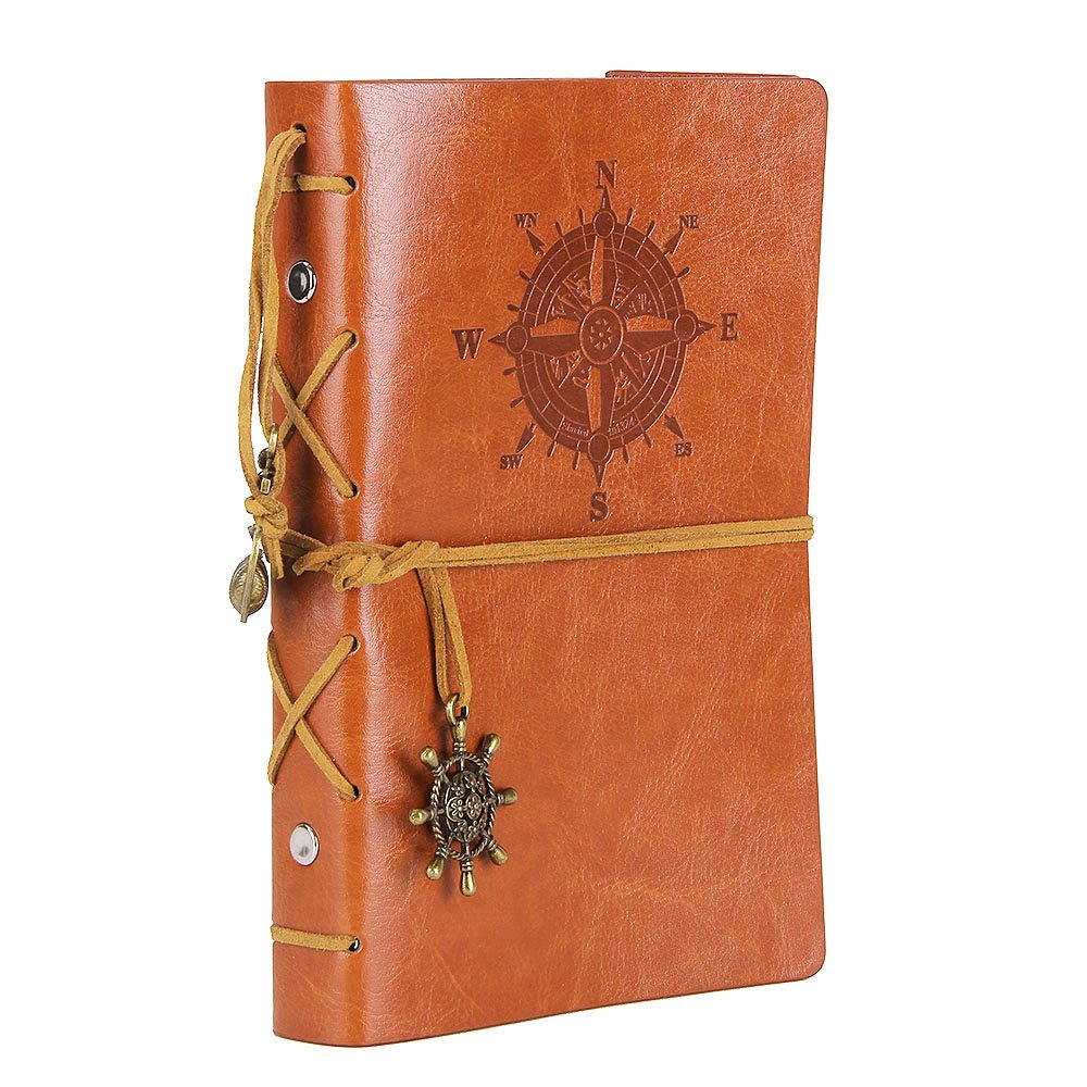 Leather Writing Journal Notebook, EvZ 7 Inches Vintage Nautical Spiral Blank String Diary Notepad Sketchbook Travel to Write in, Unlined Paper, Retro Pendants, Classic Embossed, Brown Unknown Binding