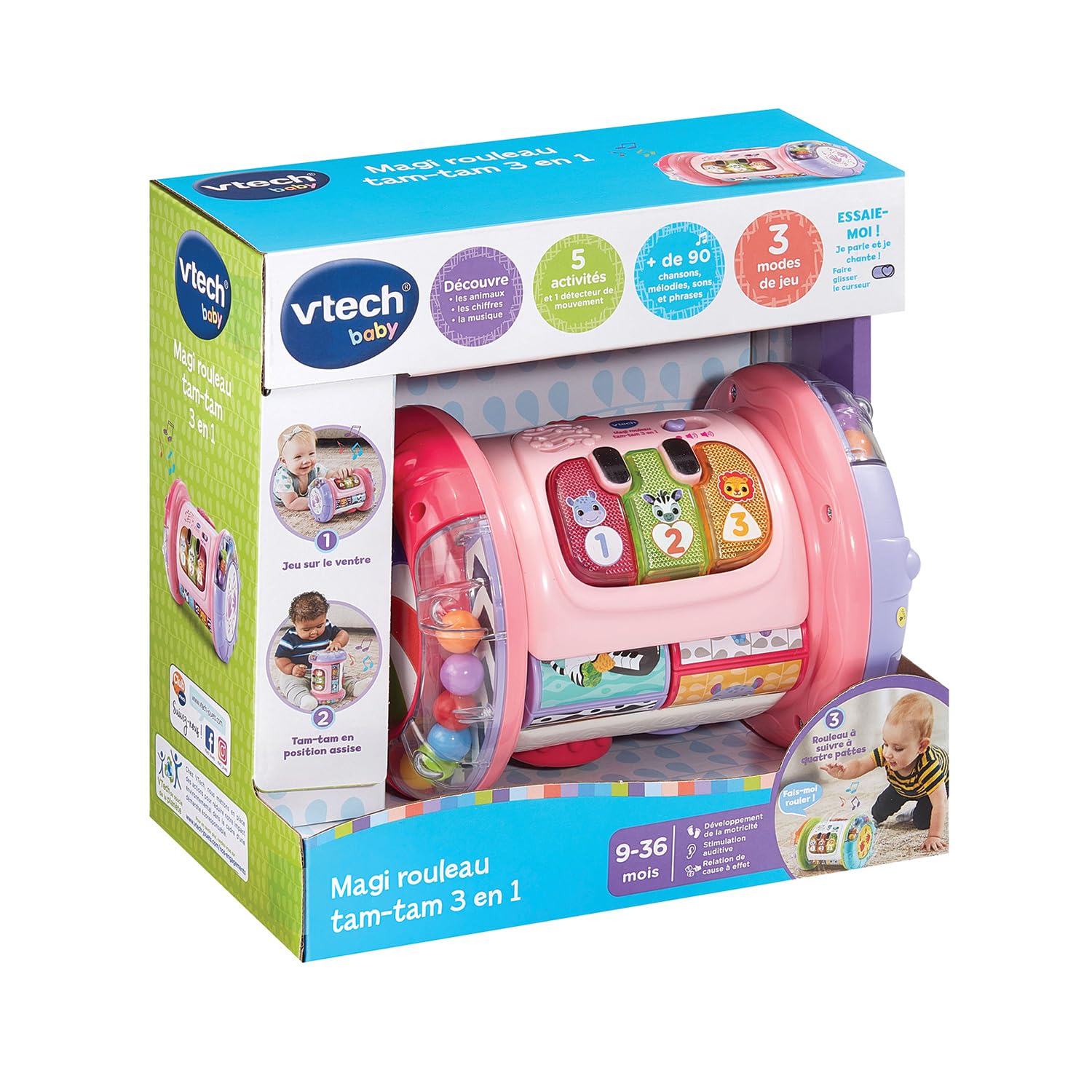 VTech - Magi Rouleau Tam-Tam 3 en 1 Rose - Jouet Musical Évolutif - Tambour Enfant Qui Roule, Motricité Bébé - Jouet d'Activité et de Développement - Cadeau Bébé Dès 9 Mois - Contenu en Français