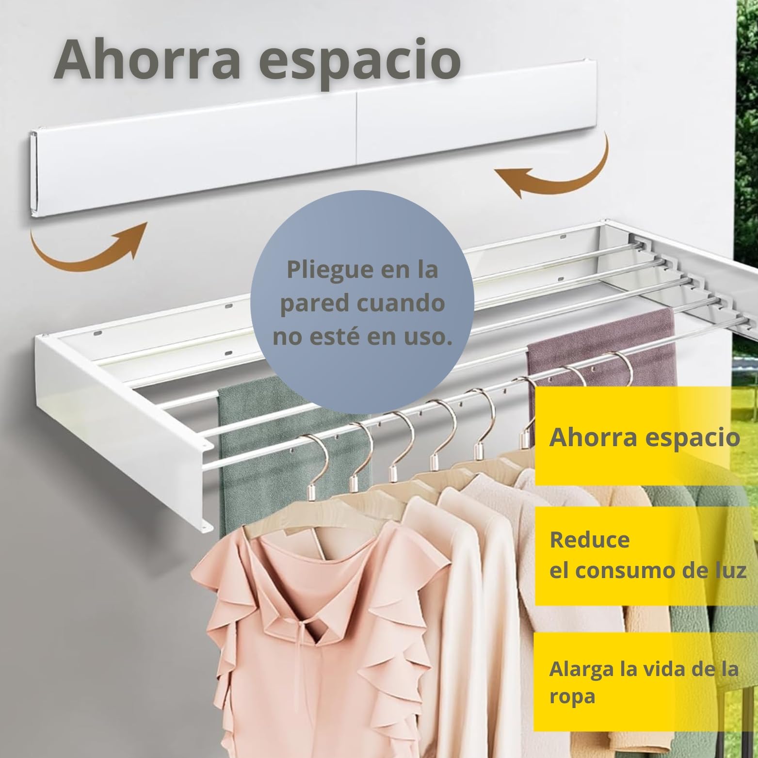Tendedero Plegable de Pared – Tendedero Extensible retráctil Interior y Exterior – Tendederos Plegables de Pared Soporta 30 kg – Incluye Plantilla, Tornillos y 24 Pinzas – (Blanco, 120)