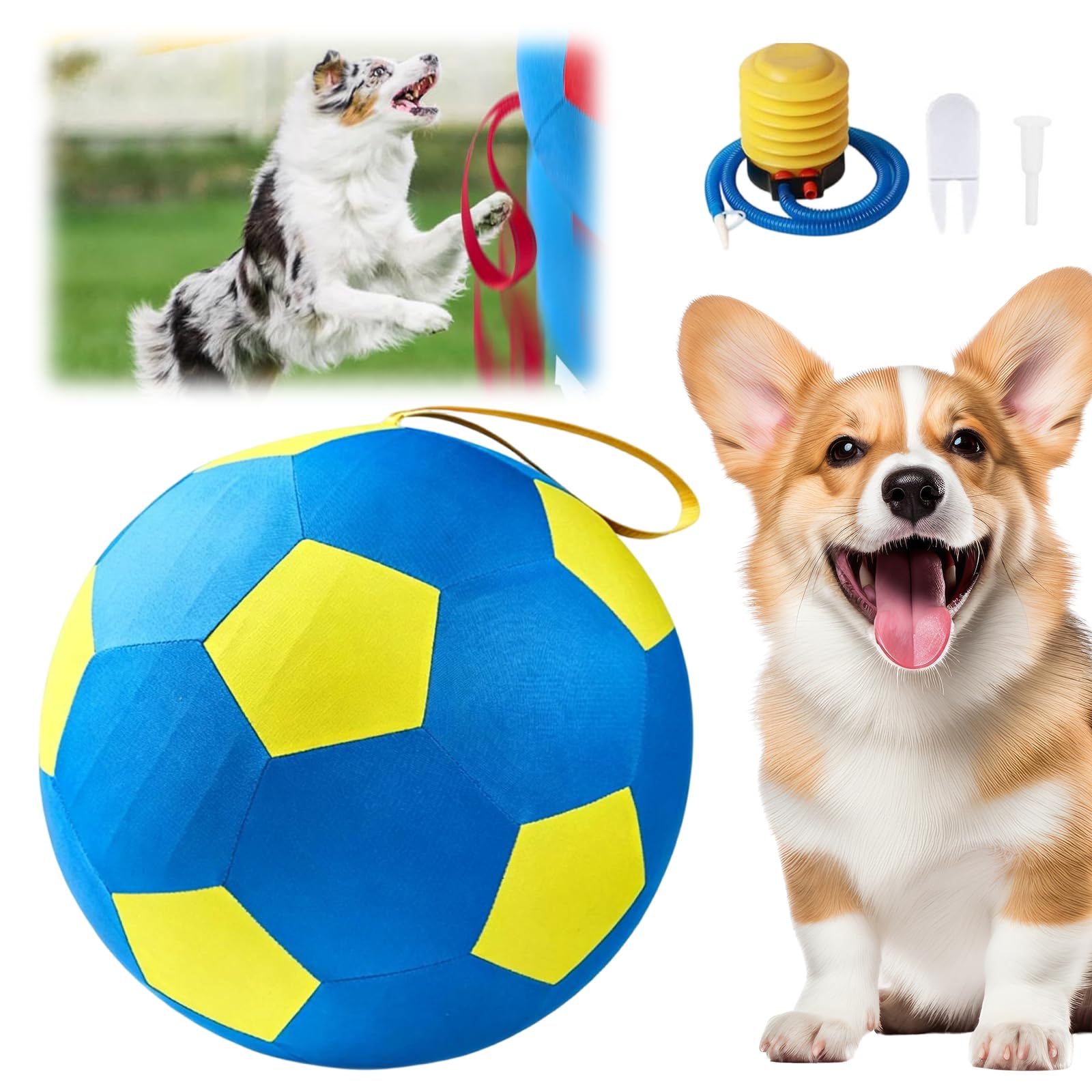 Balle de chapeau avec poignée robuste et pompe, jouet interactif à double couche pour chiens de berger Border Collie (55 cm, jaune/bleu)