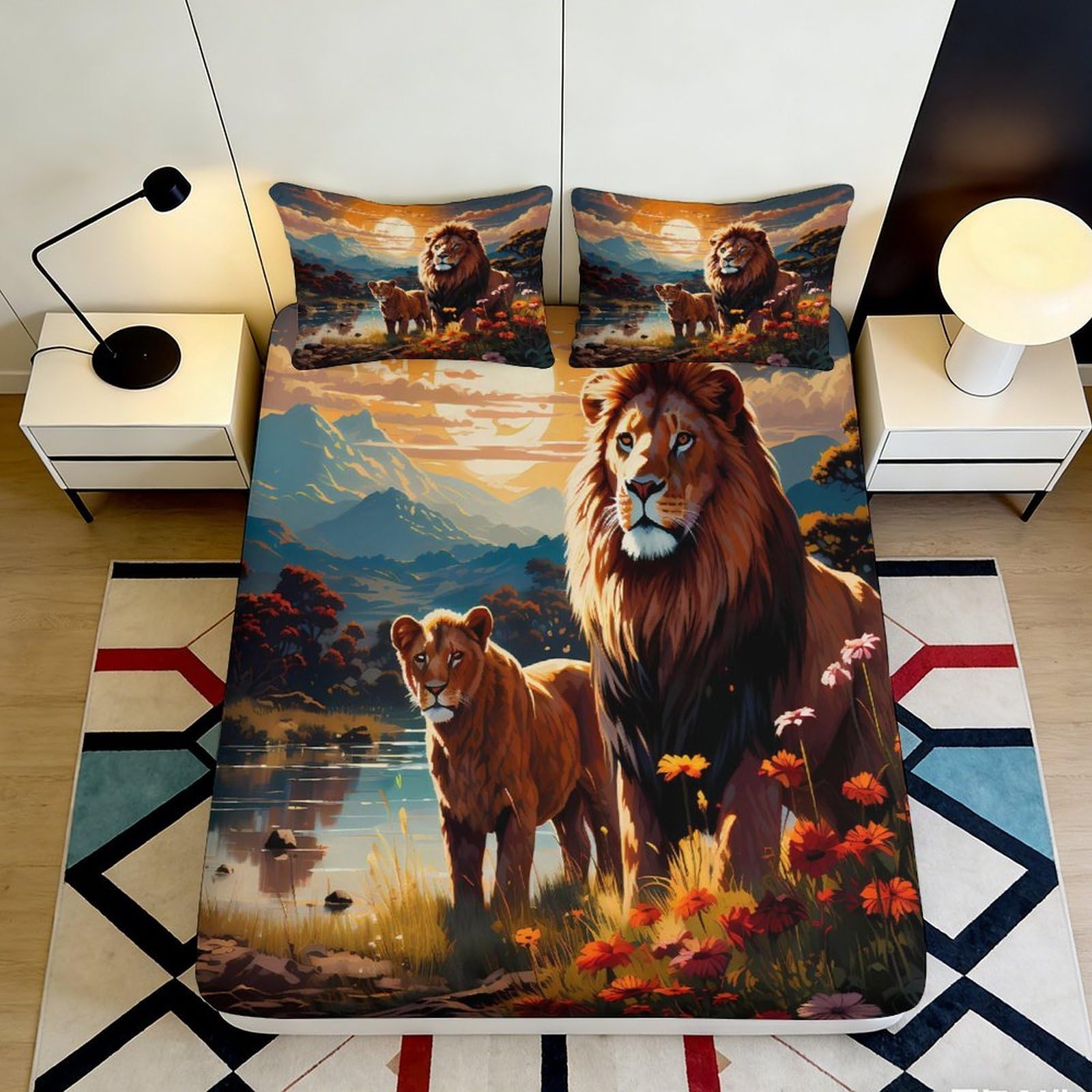 3D Printed Lion Sunset Fitted Sheet Microfiber Soft Breathable Wildlife Bed Cover for Bedroom Dormitory Guest Room Mattress Protection Decoration 200x200x25cm