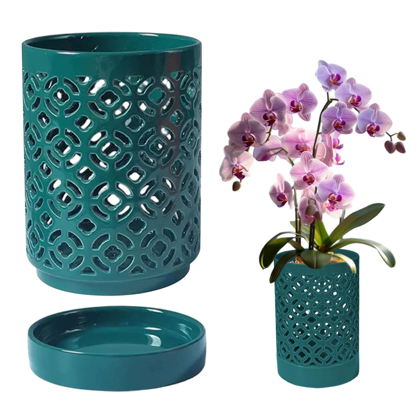 Orchid Pots 5.5x4in Orchid Planter with Holes & Saucer & Drainage Ceramic Plant Pot for Indoor Outdoor Plants, Green