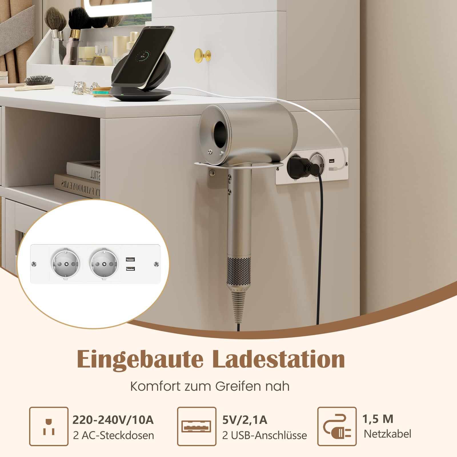 COSTWAY Toaletka z oświetleniem LED, toaletka ze stacją ładującą, szafka na biżuterię, taboret, lustro, 3 szuflady, szafka i uchwyt na suszarkę do włosów, toaletka, biała