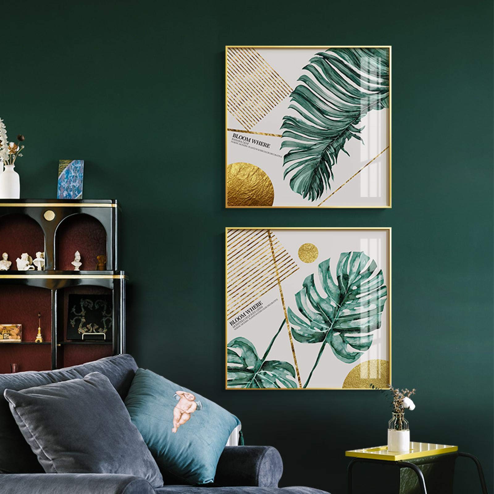 Lienzo Arte de la pared Acuarela Hojas Pinturas Planta Carteles nórdicos e impresiones con marco Imagen Decoración moderna para el hogar 50x50cmx2pcs marco interior