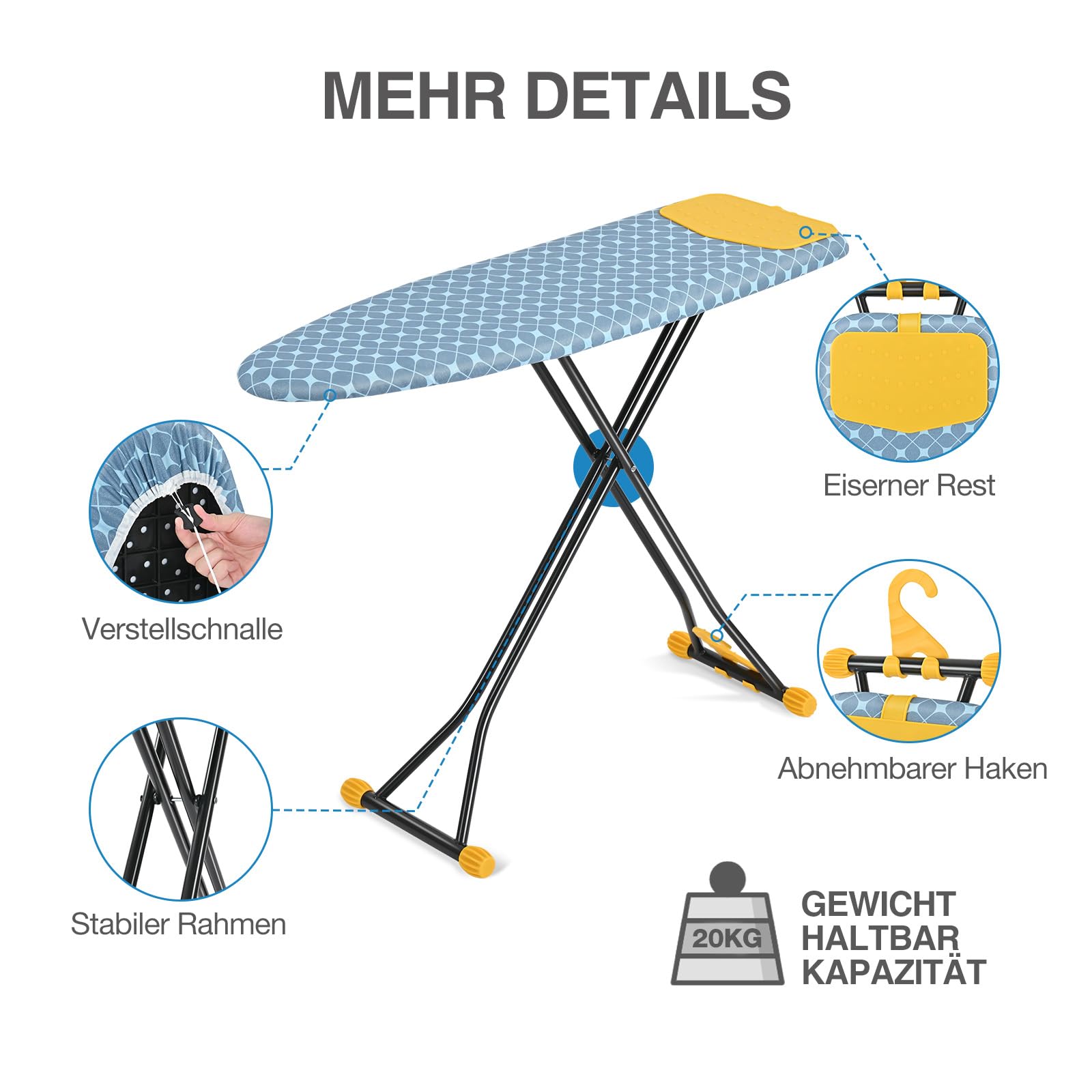 KINGRACK Bügelbrett mit Integriertem, Bügeltisch mit Silikonauflage, Kompaktes und Platzsparendes, Extra Dicke Abdeckung, 7 Höhenverstellbar, Wand- & Schrankaufhängbar – 38x121cm, Gelb