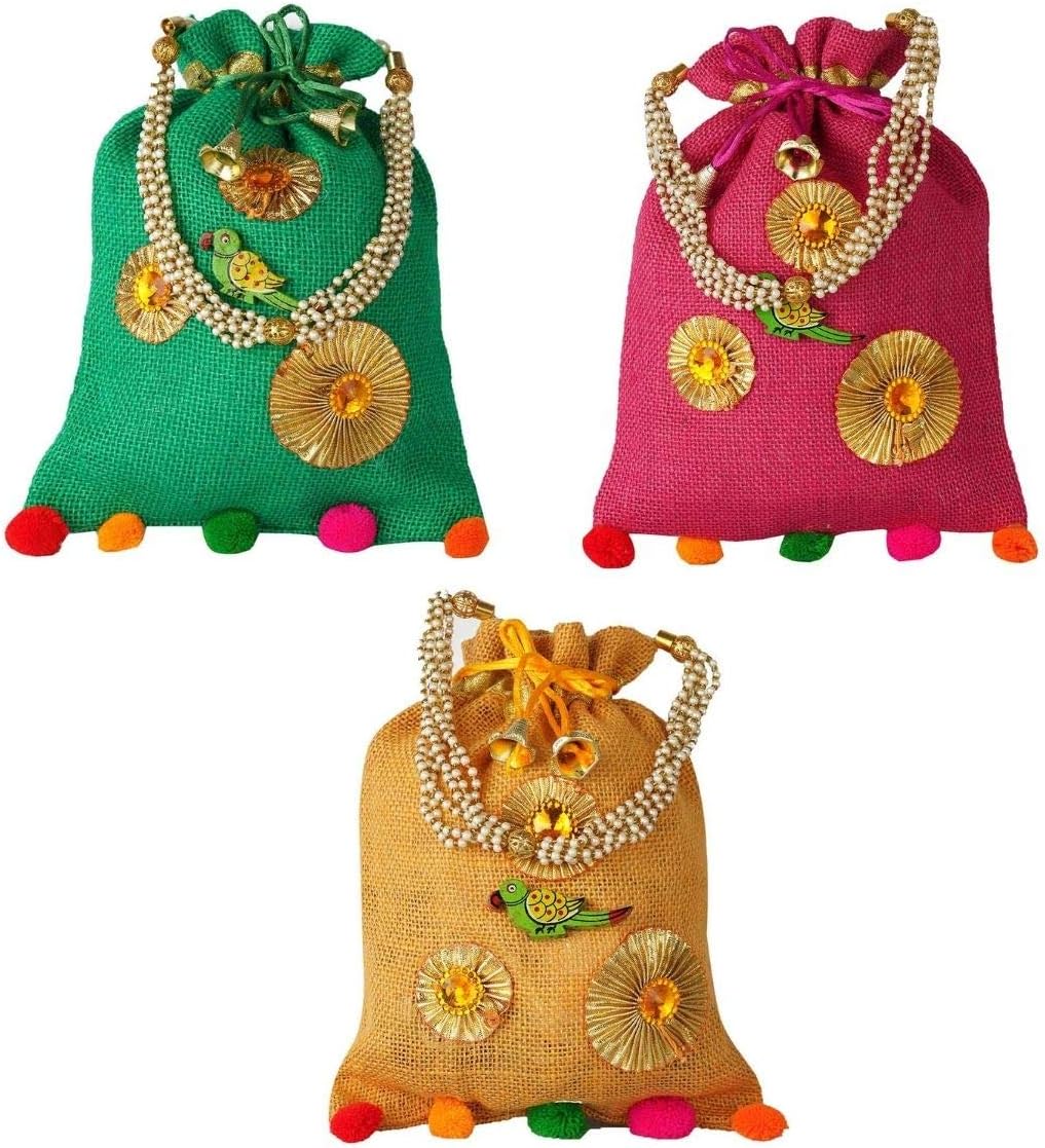 MEHER COLLECTION Women's Jute Traditional Potli with Wooden Parrot, Elegant Gota, Pompom hanging & Beaded Pearl String Handle : Multi color Medium Potli 500gm size