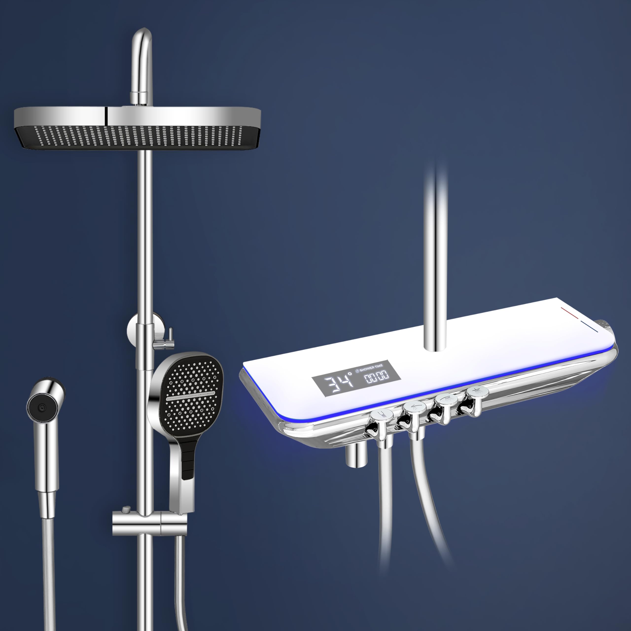 Plantex Elite Solid Brass LED Bathroom Shower Set/Rain Showerhead with Hand Shower for bathroom with Piano switches and Temperature Display-(Aura White)