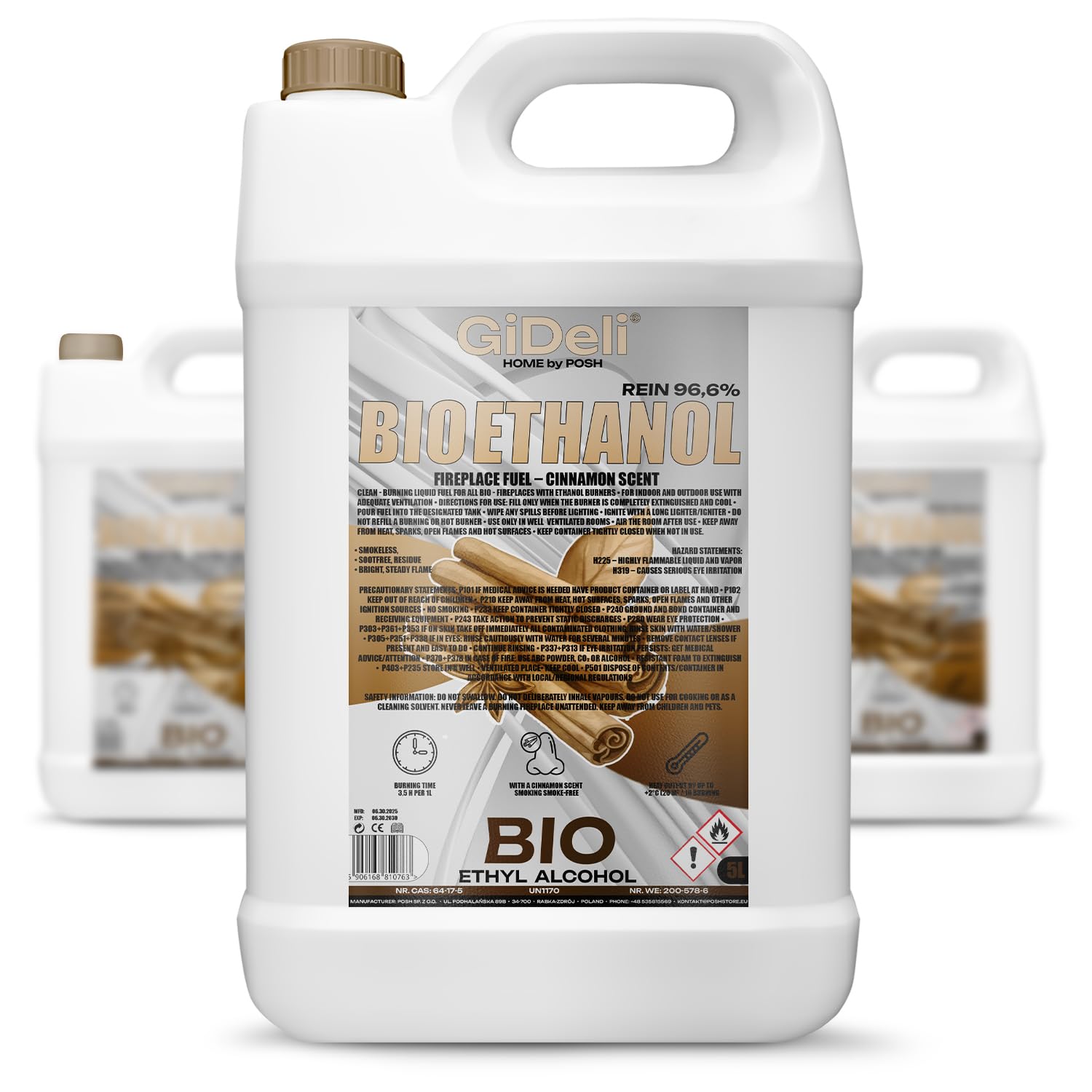 GiDeli bioetanolo 3 x 5 l con profumo di cannella 96,6% etanolo per camini interni ed esterni, senza fumo e fuliggine, da mais e barbabietola da zucchero