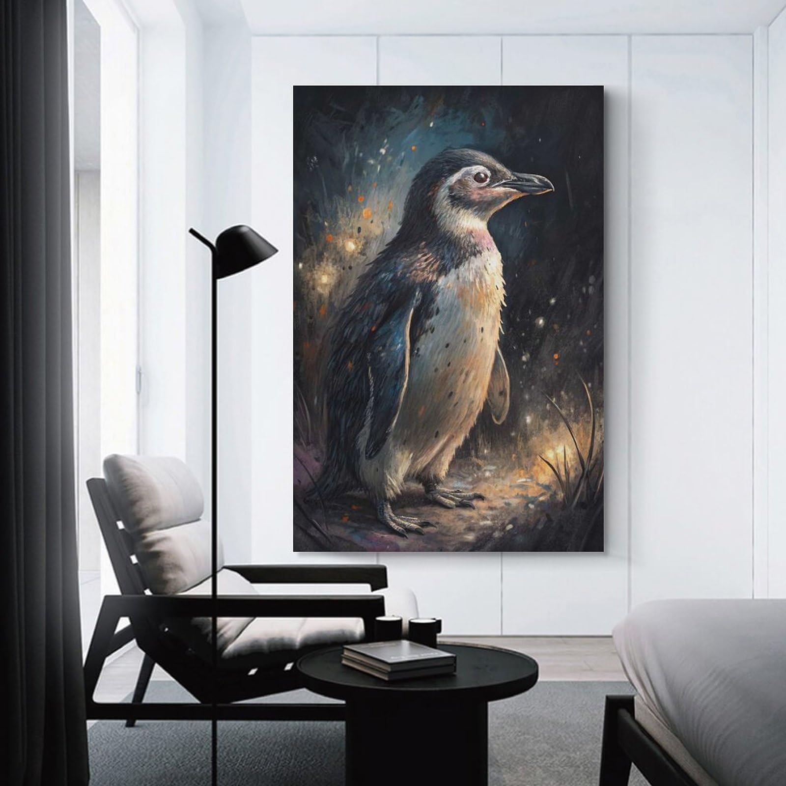 Junmoney Penguin in A Dark, Sparkly Forest Decorative Canvas Print, 08x12inch(20x30cm), for Gallery Wall Decor And Room Displays, Wall Decor Suited to Curated Displays